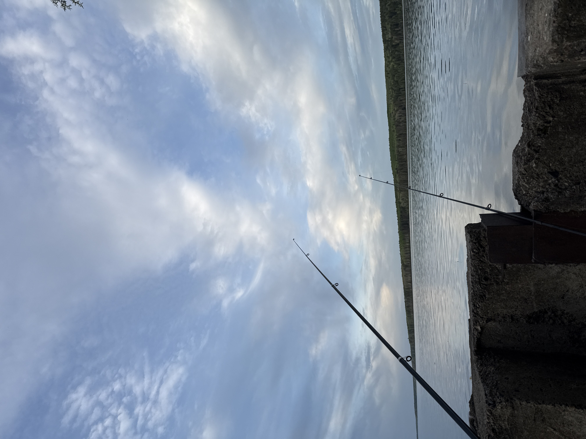 The image depicts a fishing scene. Three fishing rods are positioned along the edge of a body of water. The sky is filled with clouds. A concrete structure is in the foreground. The location is Chaikovsky, Russia.