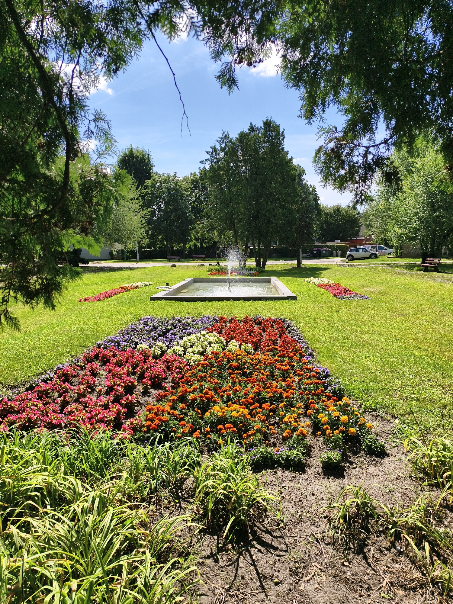 The image depicts a public park with a formal flower bed arranged in a semi-circular shape in the foreground. The flower bed is densely planted with various colorful flowers, including bright orange marigolds, red begonias, and purple and white smaller flowers. Behind the flower bed, a rectangular concrete fountain with a water jet in the center is visible. The park features well-maintained green lawns and several trees of varying sizes. In the background, a pathway, park benches, and a few cars parked on a street are discernible. The sky is blue with scattered white clouds. The scene appears to be taken from a slightly elevated perspective, looking towards the fountain and the background. This park is located in the city of Tczew, Poland.