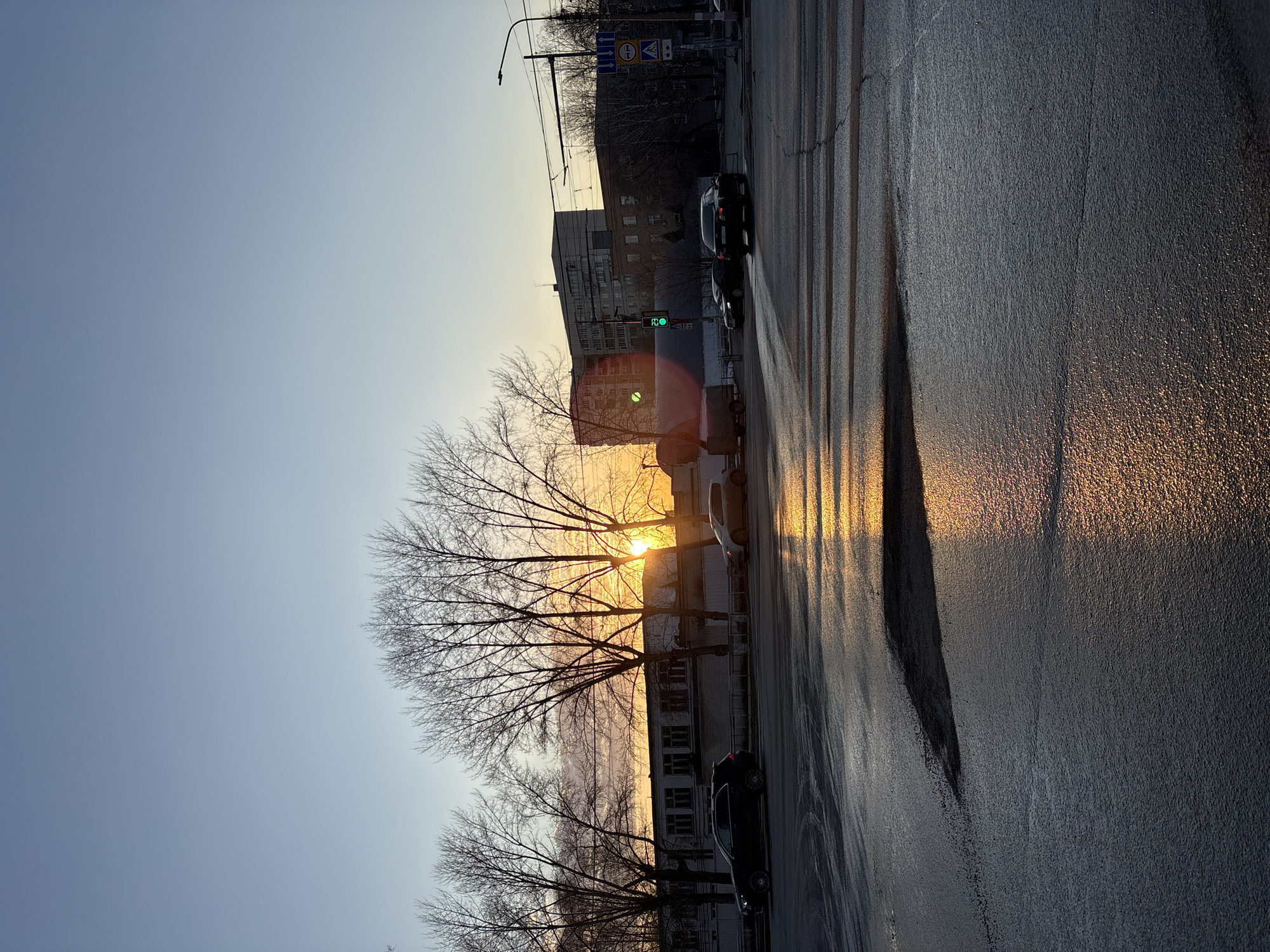 The image depicts a street scene in Ulyanovsk, Russia, at sunset. The sun is positioned low on the horizon, shining through a bare tree and casting long shadows on the wet asphalt street. A multi-story building lines the street on one side, with parked and moving cars visible. A traffic light is showing a green signal. The sky is clear and varies from blue to orange near the horizon. A pedestrian crosswalk is visible on the road.