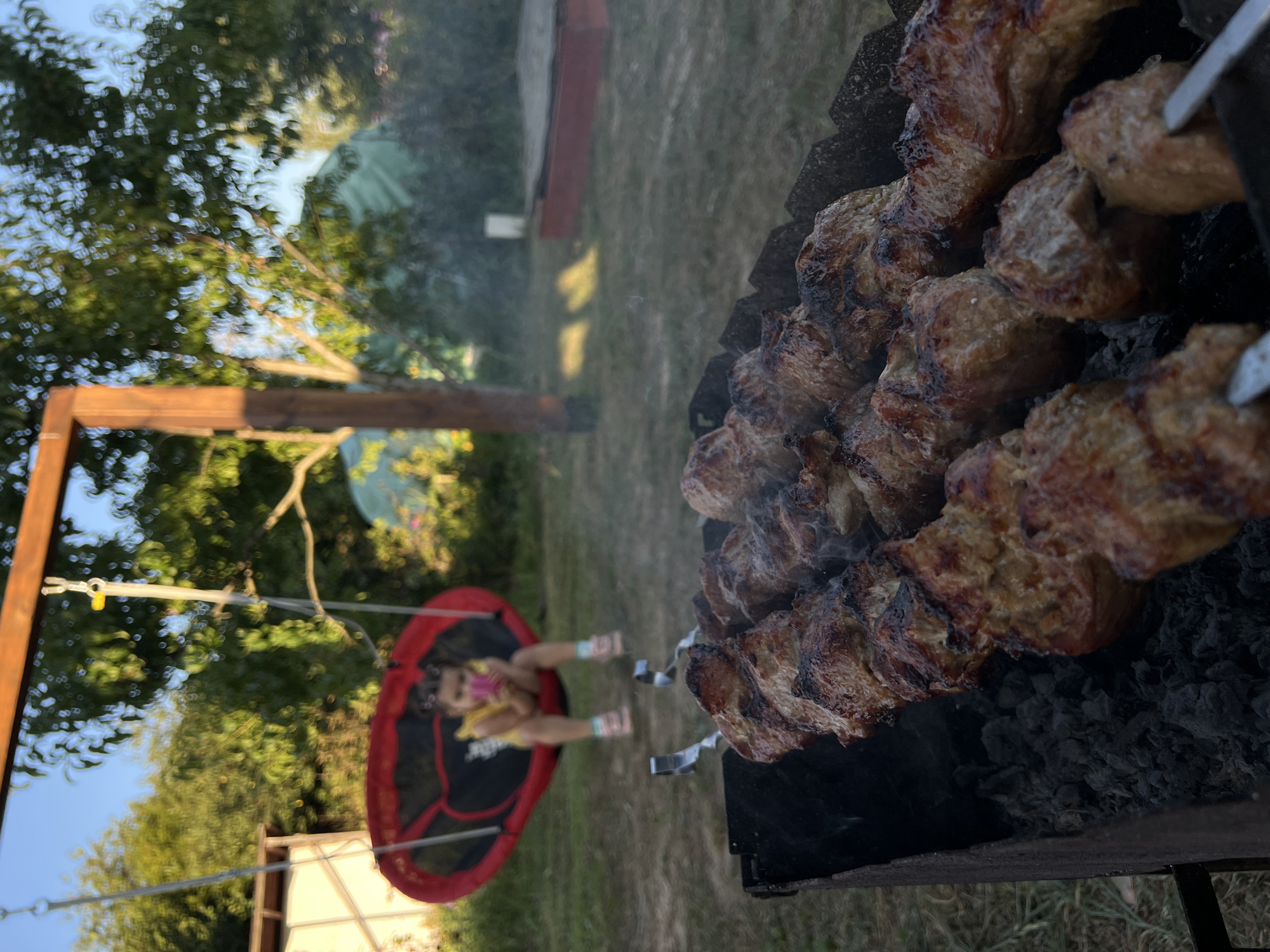 In the city of Dys, Poland, an outdoor scene unfolds with a focus on a barbecue. In the foreground, skewers of meat are cooking over glowing coals in a metal grill, emitting wisps of smoke. The meat appears browned and sizzling. In the mid-ground, a young child, wearing a yellow shirt and pink shoes, is seated on a circular red swing. The child is holding a pink object up to their face. The swing is suspended from a wooden frame. The background reveals a grassy area with trees, some sunlight filtering through the leaves, and a red sandbox. The sky is clear and blue.