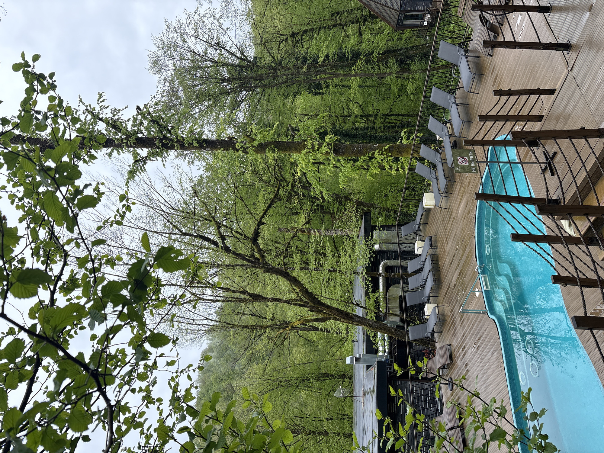 The scene depicts an outdoor recreational area, likely a spa or resort, possibly in Medoveevka, Russia. A kidney-shaped pool filled with blue water dominates the right side of the frame, enclosed by a wooden deck and a rope railing. Several lounge chairs are arranged along the edge of the deck, facing a dense forest backdrop. A building with visible ventilation systems is partially visible behind the chairs. The foreground is partially obscured by leafy branches, suggesting a location surrounded by natural foliage. The sky is overcast. No people are visible.