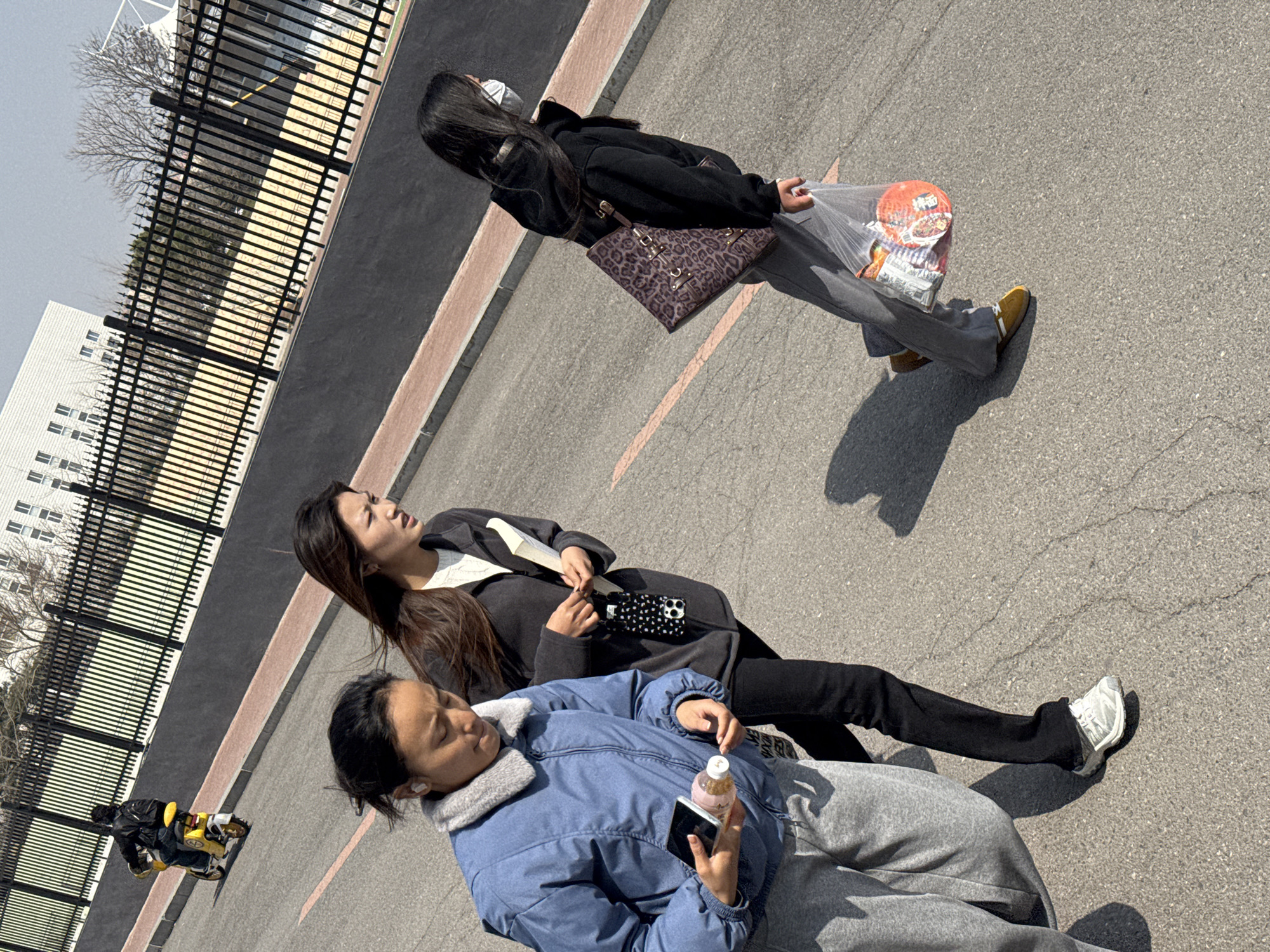 Three Asian women are outside on a sunny day, positioned on a paved surface with a thin orange line painted on it. A black metal fence runs along the top left of the frame, with a white building partially visible behind it. A tree, devoid of leaves, is also visible behind the fence.
The woman nearest the viewer wears a blue jacket with a gray faux fur collar, gray sweatpants, and white earbuds. She holds a cell phone in one hand and a bottle in the other.
The second woman has long dark hair and wears a white shirt under a gray coat, black pants, and white sneakers. She holds a black cellphone in her hands.
The third woman is wearing a black jacket, gray pants, and mustard-colored shoes. She wears a face mask. She also carries a leopard-print purse on her shoulder and a transparent plastic bag filled with packaged goods.
In the lower left corner, a figure in black with yellow accents stands next to a small motorcycle.
The location is identified as Zhongtun, China.