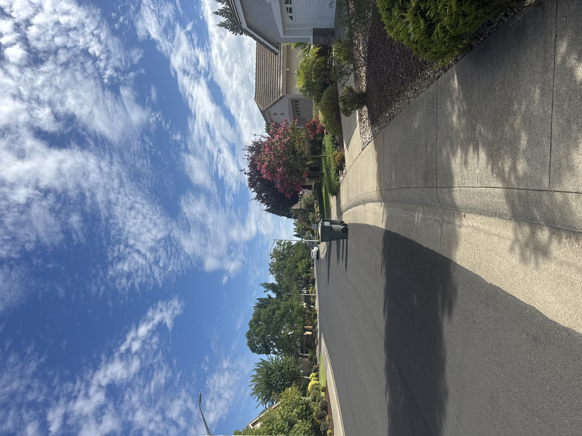 A daytime exterior scene depicts a suburban street in Roseville, California, USA. The image is dominated by a clear blue sky with scattered white, wispy clouds. A paved asphalt street curves to the left, bordered by a concrete sidewalk on the right. Lush green trees and manicured bushes line the sidewalk, interspersed with houses featuring tiled roofs and stucco exteriors. One house on the right has a gray exterior with white trim and a garage door. A large green trash can with wheels is visible on the sidewalk near the curb. Shadows of trees are cast across the street and sidewalk. A white car is parked on the street in the distance.