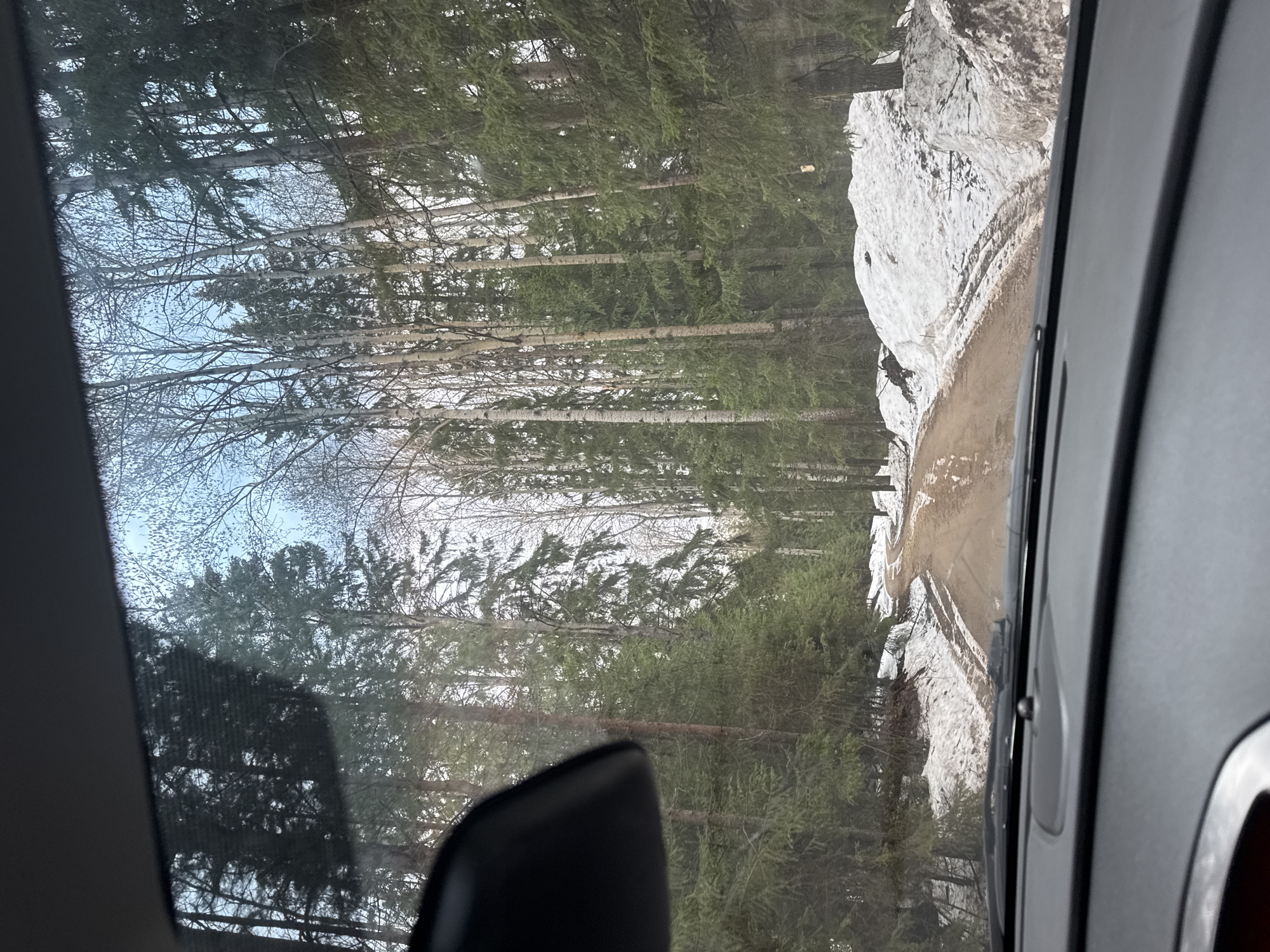 A view from inside a vehicle, possibly a car, shows a road through a forest. Patches of snow line the side of the road. The vehicle is moving, and trees are visible through the window. The location is potentially near Chaikovsky, Russia based on the request. The time of year may be winter or early spring. There are no people visible in the view.