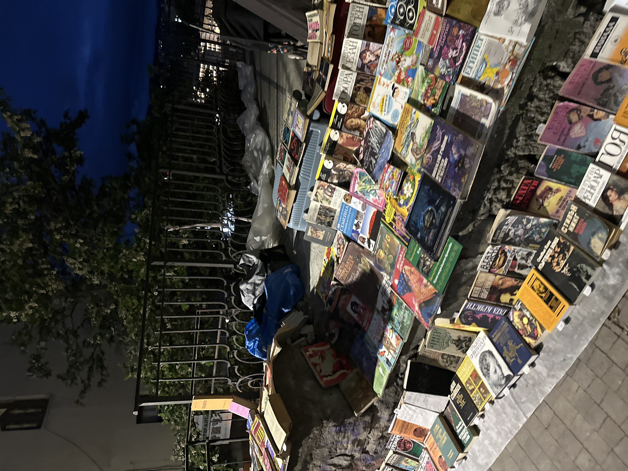 A street scene at night in Veliko Tarnovo, Bulgaria shows a sidewalk book market. Many books are arranged in rows, with their spines and covers visible. The books vary in size, color, and subject matter. Some are standing upright while others are piled. Some appear to be for sale while others are waiting to be unpacked. Bags and storage containers are next to the books. In the background, there is a wrought-iron railing, as well as streetlights and buildings. Trees and a dark blue sky are visible. The image shows a typical scene of book vendors in Veliko Tarnovo.