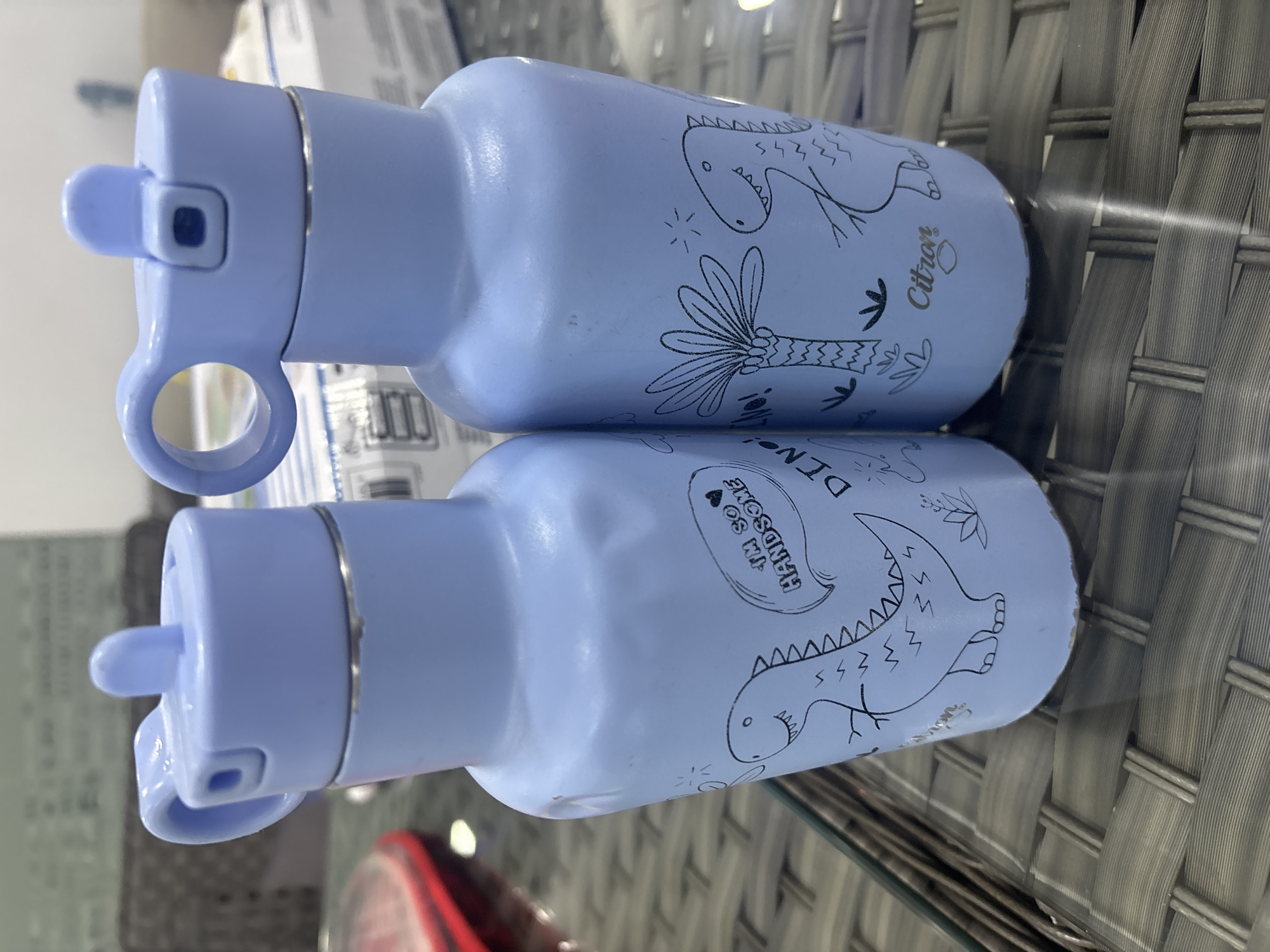 Two light blue metal water bottles are placed on a dark gray woven table. Both bottles have white cartoon dinosaur drawings on them. The left bottle has a dinosaur with the text "I'M SO HANDSOME" in a speech bubble. The right bottle has a dinosaur standing next to a palm tree, and the word "Citron" is written below it. The background is blurred, showing what appears to be an indoor setting with shelves and boxes. The lighting suggests it is daytime. There are no people or animals present in the image. The image is taken from a slightly high angle, looking down at the bottles. The location is not specified in the image.