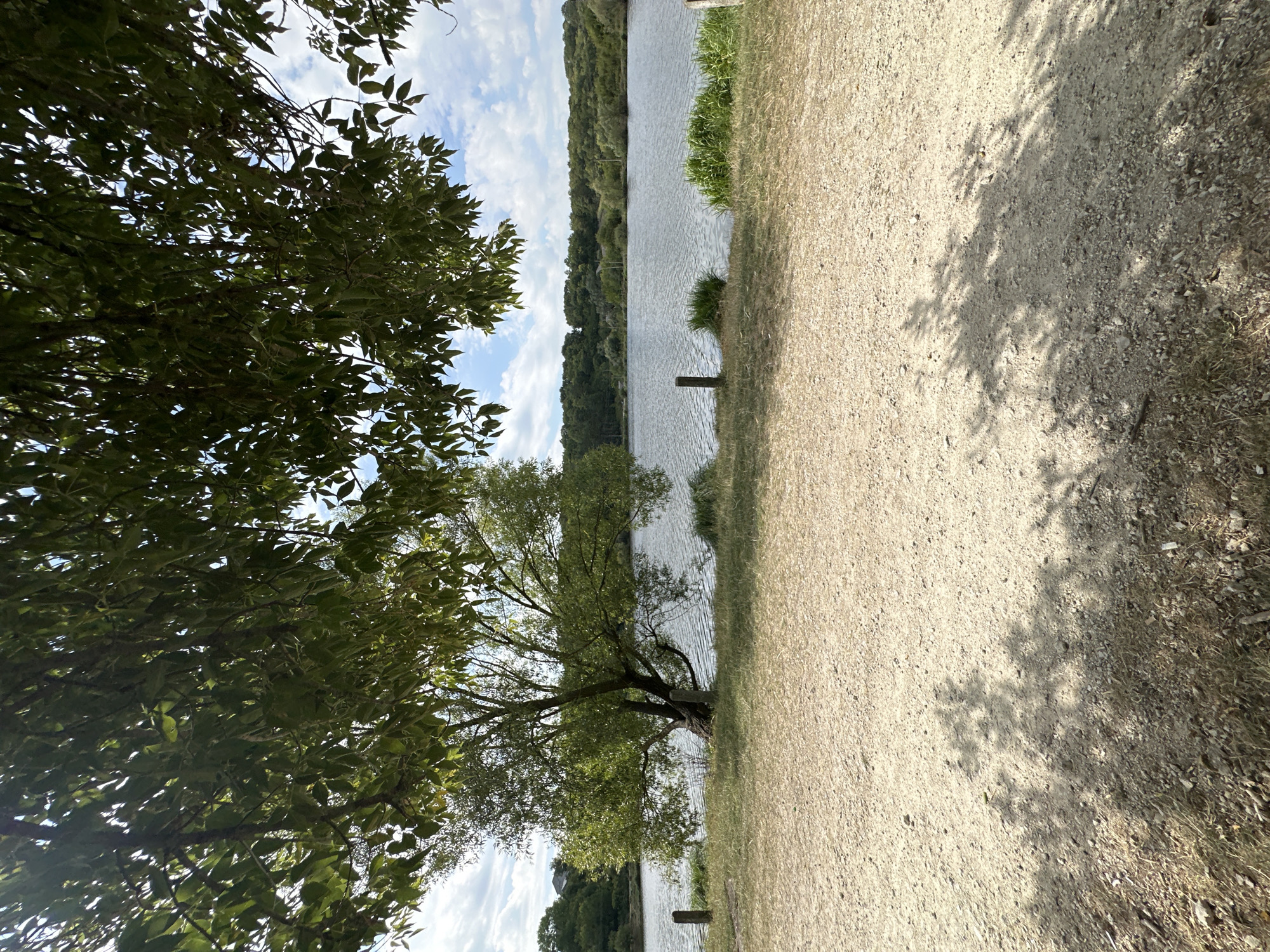 The image depicts a natural landscape scene with a body of water in the background and a dirt path in the foreground. A large tree with green foliage is situated to the left of the water, casting shadows on the path. The water appears to be a lake or pond, with a gentle ripple on its surface. Beyond the water, a dense line of trees forms the horizon, suggesting a forested area. The sky above is partly cloudy, with patches of blue visible. Two wooden posts are visible near the edge of the water, one in front of the tree and another further to the right. The foreground is a light-colored dirt path with scattered small stones and dry grass. The overall impression is a tranquil outdoor setting. There is no indication of any specific location within the city of Makiv, Ukraine.