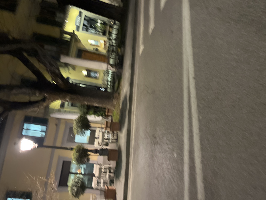 The image presents a nighttime scene of a quiet street in Fiesole, Italy. The photograph is oriented vertically, but upon rotation to a horizontal perspective, it depicts a paved road on the right and a row of buildings with an adjacent sidewalk or pedestrian area on the left.
On the left side of the street, several traditional, light-colored buildings (possibly cream or yellow) stand illuminated, with windows reflecting ambient light. One building, towards the top-left, has faint, blurry text on its facade, possibly indicating a shop name like "gelateria" or a similar establishment. In front of these buildings, an outdoor seating area is visible, furnished with numerous tables and chairs, many of which are stacked or neatly arranged, suggesting that businesses are closed for the evening.
Several bare-branched trees with thick trunks are prominent on the left, partially obscuring the buildings and adding depth to the scene. Smaller, bushy plants in planters line the outdoor seating area. A single streetlamp with an illuminated bulb casts a warm glow from the lower-left corner, lighting a portion of the sidewalk and a building facade.
The right side of the image is dominated by a dark, asphalt road. White painted lines are clearly visible on its surface: a set of double solid lines runs along what appears to be the center of the road, and a single solid line marks its edge. Faint, perpendicular white markings further up the street suggest the presence of a pedestrian crossing.
The absence of people and the appearance of closed businesses contribute to a serene and peaceful atmosphere, characteristic of a quiet town street after dark. The artificial lighting creates a gentle and contemplative mood.