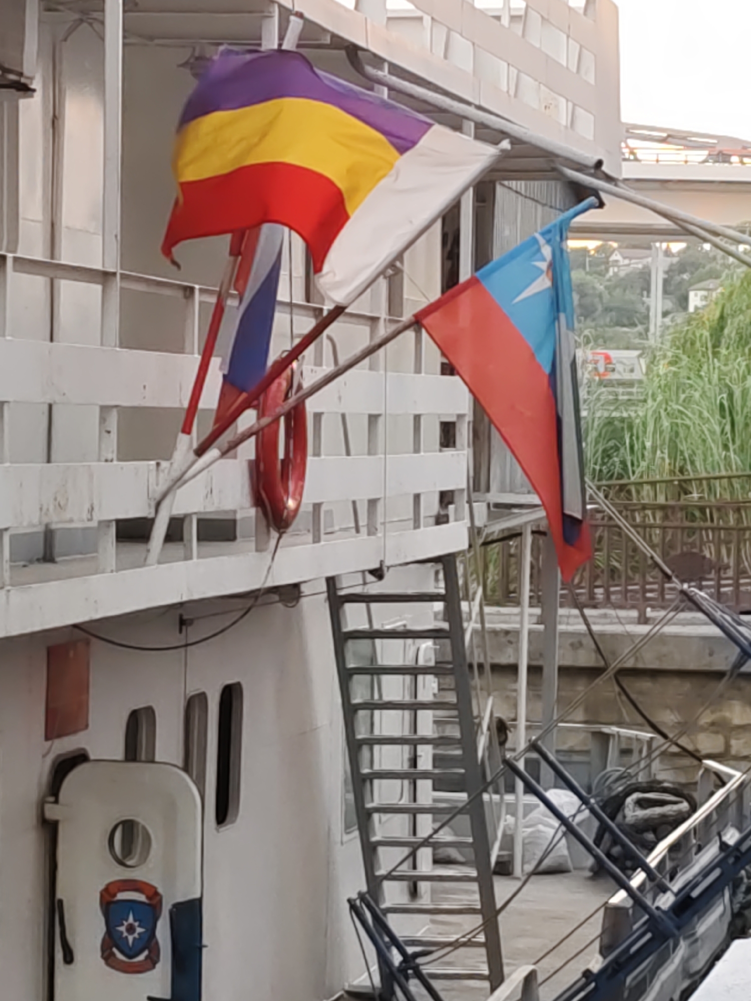 This image shows the side of a white ship docked at a pier. The ship has multiple decks and railings. There are three flags flying from poles on the ship: a tricolor flag with purple, yellow, and red horizontal stripes; a flag with vertical blue, white, and red stripes; and a flag with horizontal red and blue stripes and a white star in the blue stripe. A red life preserver is hanging on the side of the ship. A metal staircase leads up the side of the ship. In the background, there is a building with many windows, a body of water, and lush green vegetation. The scene appears to be in a harbor or port. The question asks for the location in the city of Rostov-on-Don, Russia. This is a dock on the Don River in Rostov-on-Don.