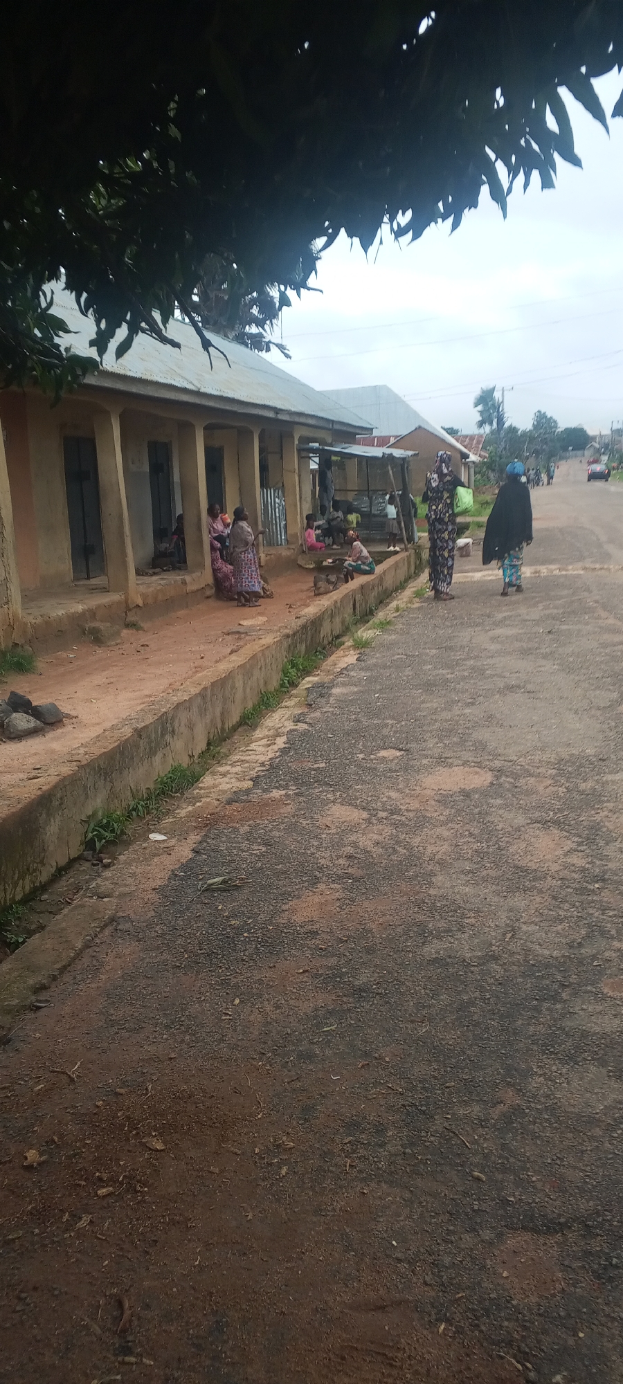 A medium-shot, eye-level, vertical, outdoor, daytime, overcast photograph depicts a village street in Bahit, Nigeria. The foreground is dominated by a rough, grey asphalt road showing signs of wear and tear, with patches of reddish-brown earth and gravel. To the left, a low concrete curb separates the road from a raised, dirt walkway in front of a row of buildings. This walkway is lined with a narrow, overgrown green ditch. The buildings themselves are single-story structures with cream-colored walls and corrugated metal roofs. They feature several recessed doorways or open entrances, some with metal shutters. A few people are gathered in front of these buildings.
In the mid-ground, a group of women and children are seated or standing on the dirt walkway. One woman in a vibrant, patterned dress stands facing away from the camera, holding a green bag. To her right, another woman in a dark blue abaya and headscarf walks away from the camera. Further down the street, several other figures, including children, are visible walking or standing. The background reveals more buildings, some with similar corrugated roofs, and vegetation. The sky is overcast. The scene appears to be a typical day in a Nigerian village, with daily life unfolding on the street.