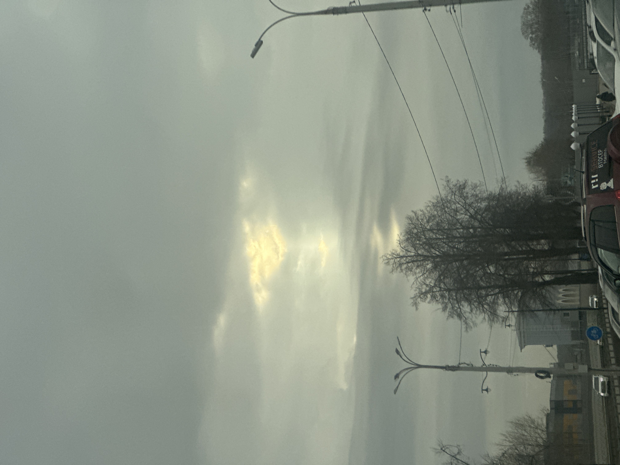 The image captures an overcast day in Votkinsk, Russia. The sky is predominantly grey with a few patches of sunlight breaking through the clouds. In the foreground, a row of bare trees lines the street, their branches stark against the muted sky. Streetlights are visible, their multiple arms extending from the poles. A line of parked cars is partially visible on the right side of the frame. In the background, buildings are discernible, including what appears to be a white, older building with arched windows.
