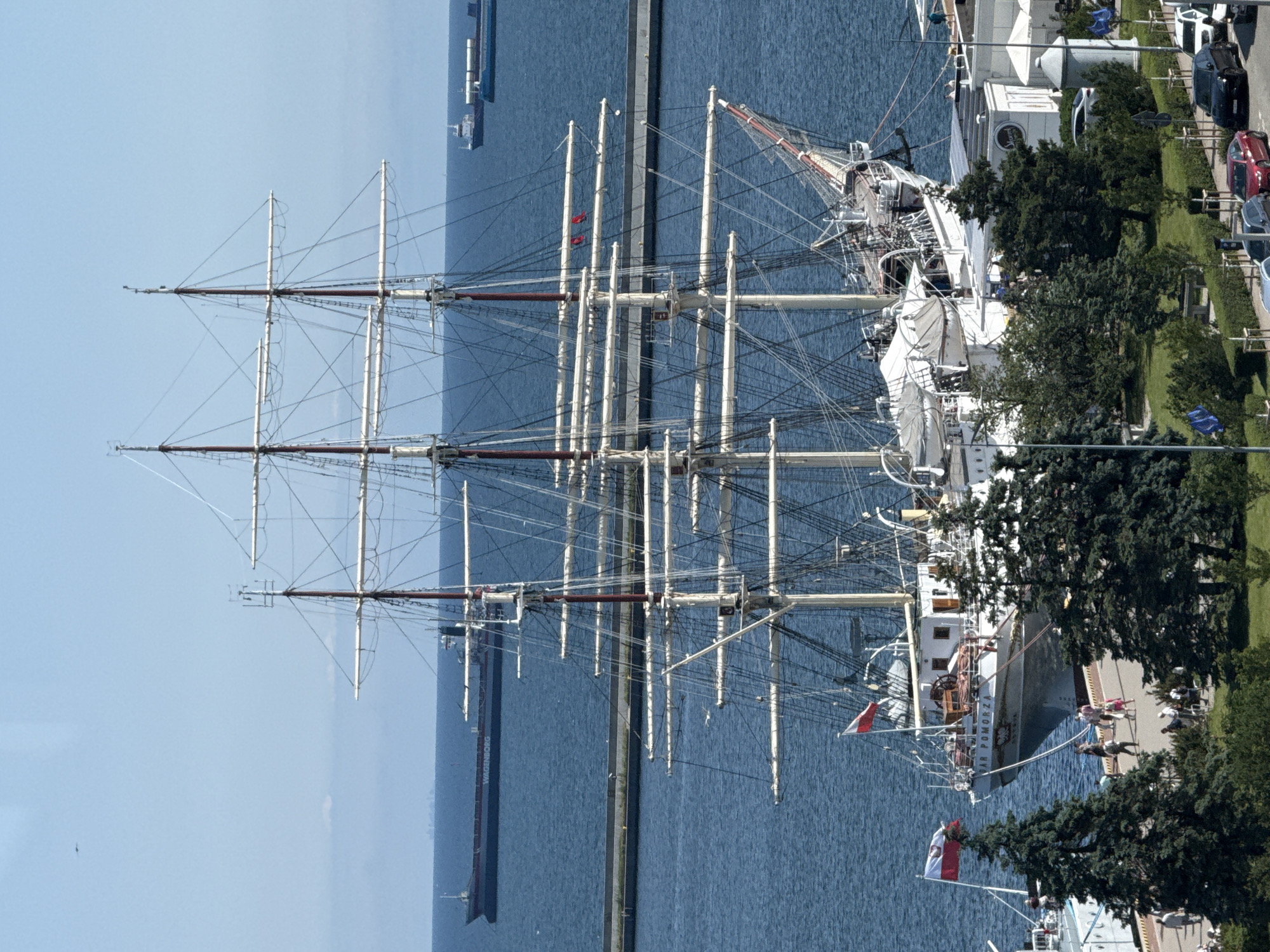 This is an aerial, medium-shot photograph capturing a large, three-masted sailing ship docked in the port of Gdynia, Poland. The ship, named "DAR POMORZA" as visible on its hull, is white with tall, red-tinged masts and an intricate network of rigging. Two Polish flags are prominently displayed on the vessel. The ship is moored alongside a pier where several people are walking. In the background, two cargo ships are visible in the blue water, one larger and one smaller. A breakwater separates the inner harbor from the open sea. The foreground shows a tree-lined promenade with parked cars and lush green grass. The sky is clear and bright blue, indicating a sunny day.