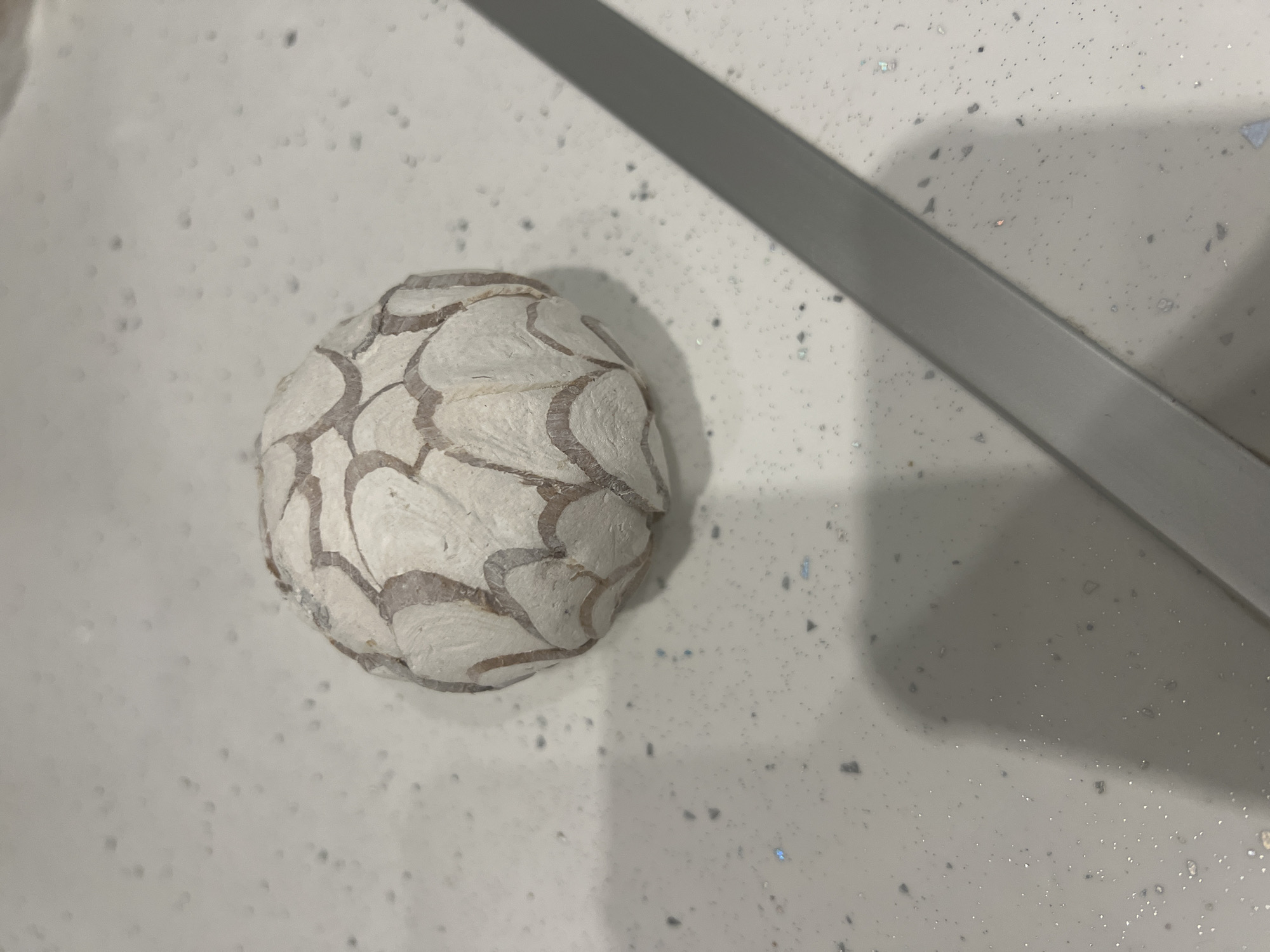 A single, decorative white object with brown, vein-like markings sits on a speckled countertop. To the right of the object, a narrow, grey, flat object is diagonally positioned, casting a shadow. The countertop's surface is textured with small, scattered dark and light flecks, and the lighting suggests an indoor environment. The image does not provide any information about the location in the city of Podgumer, Bulgaria, or any details about people, actions, or interactions.