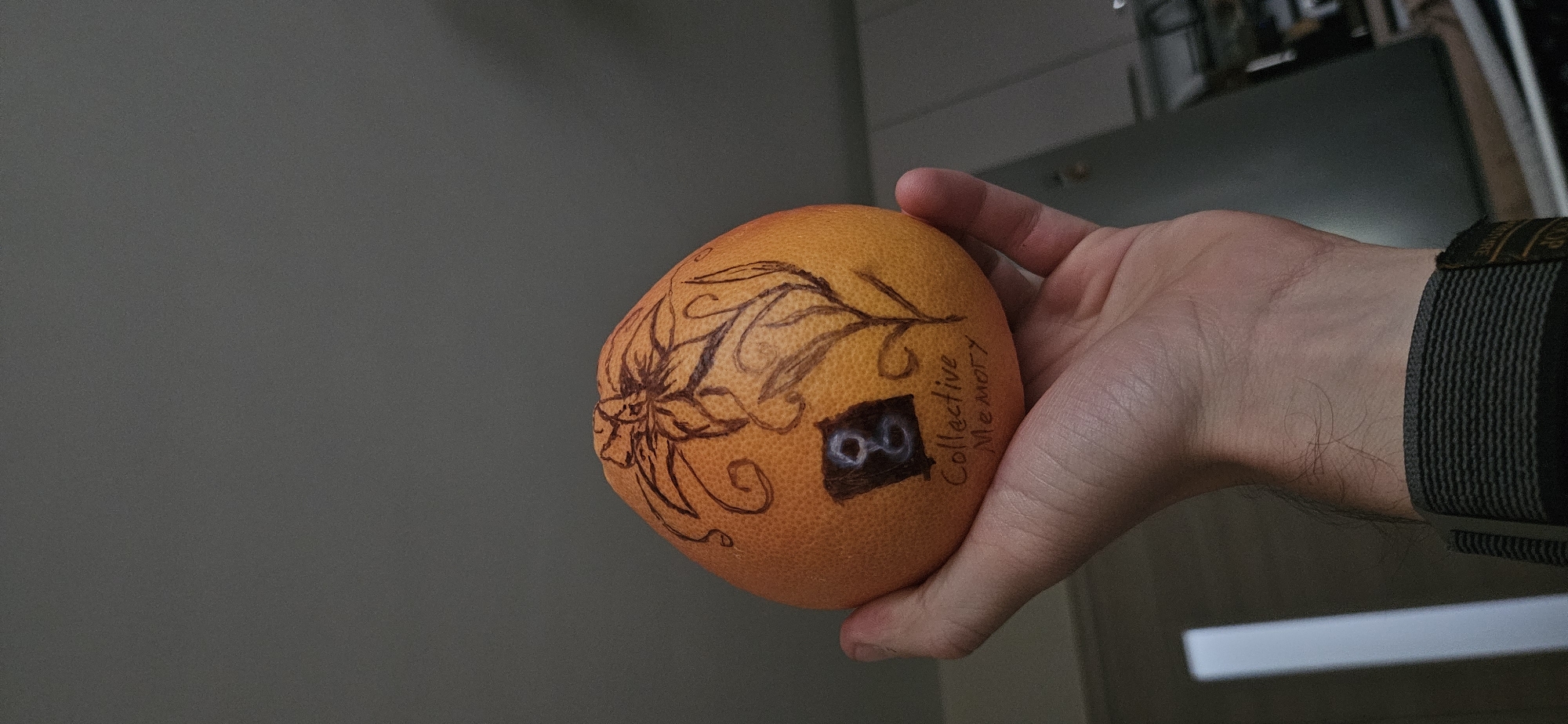 A person is holding an orange with drawings and writing on it. The drawing includes a flower and leaves, and the writing says "Collective Memory." A small, square cutout with a drawn pair of glasses is also present. The person is wearing a dark watch band. The background is a gray wall on the left and kitchen appliances on the right. The location is not discernible as being in Plovdiv, Bulgaria.