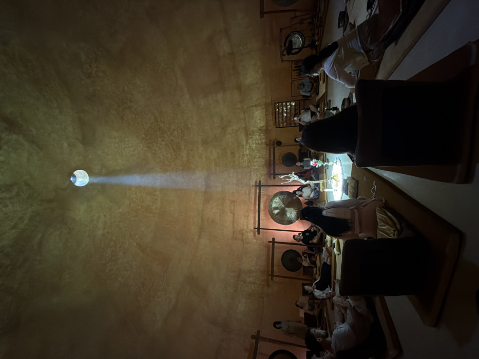 A unique space features gongs arranged around the perimeter where seated individuals are participating in an event. Light streams in from a single circular aperture in the ceiling, creating a concentrated beam that illuminates the central area with a tree. The walls have a textured, earthy tone, contributing to the unusual ambiance of the gathering.