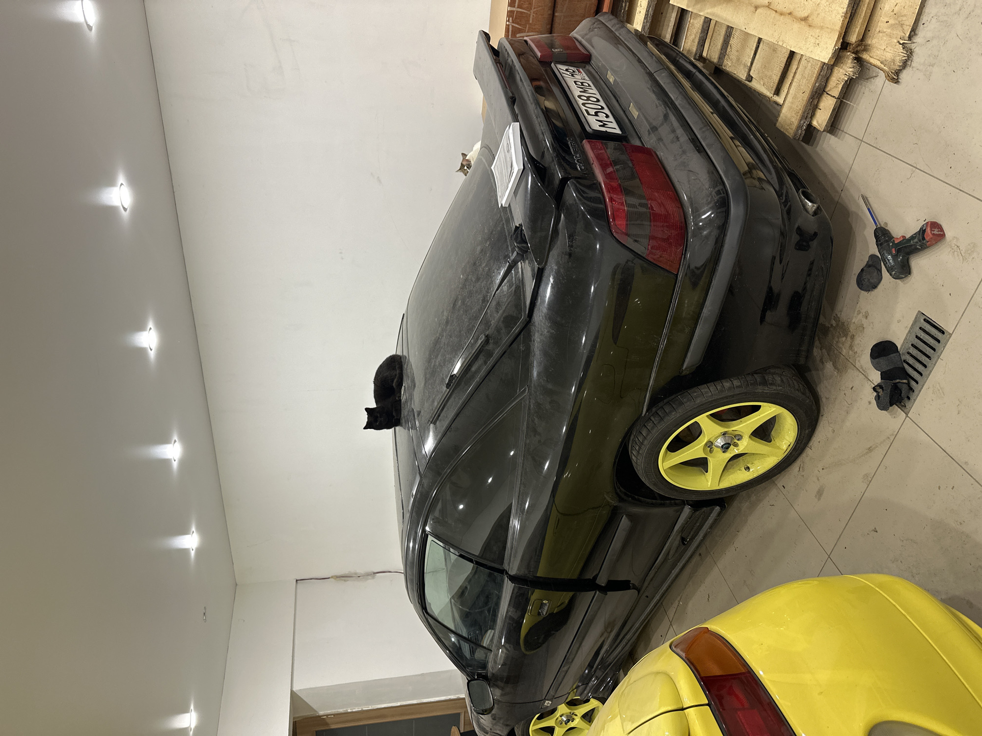 The image shows a garage interior, likely in Kursk, Russia, given the Russian license plate "M508MB 46" visible on the black car's rear. The primary subject is a black, possibly older model car, with yellow rims. It appears dusty. A black cat is resting on the roof of the car near the front windshield. Behind the black car are wooden pallets stacked against the wall. To the right of the car, on the tiled floor, are tools including a power drill, its battery, and some other unidentifiable black objects. A portion of a yellow car is visible at the bottom of the frame. The garage has white walls and a tiled floor. Recessed lighting fixtures are visible on the ceiling. Another cat is spotted on the back of the black car, in between the rear window and the spoiler.