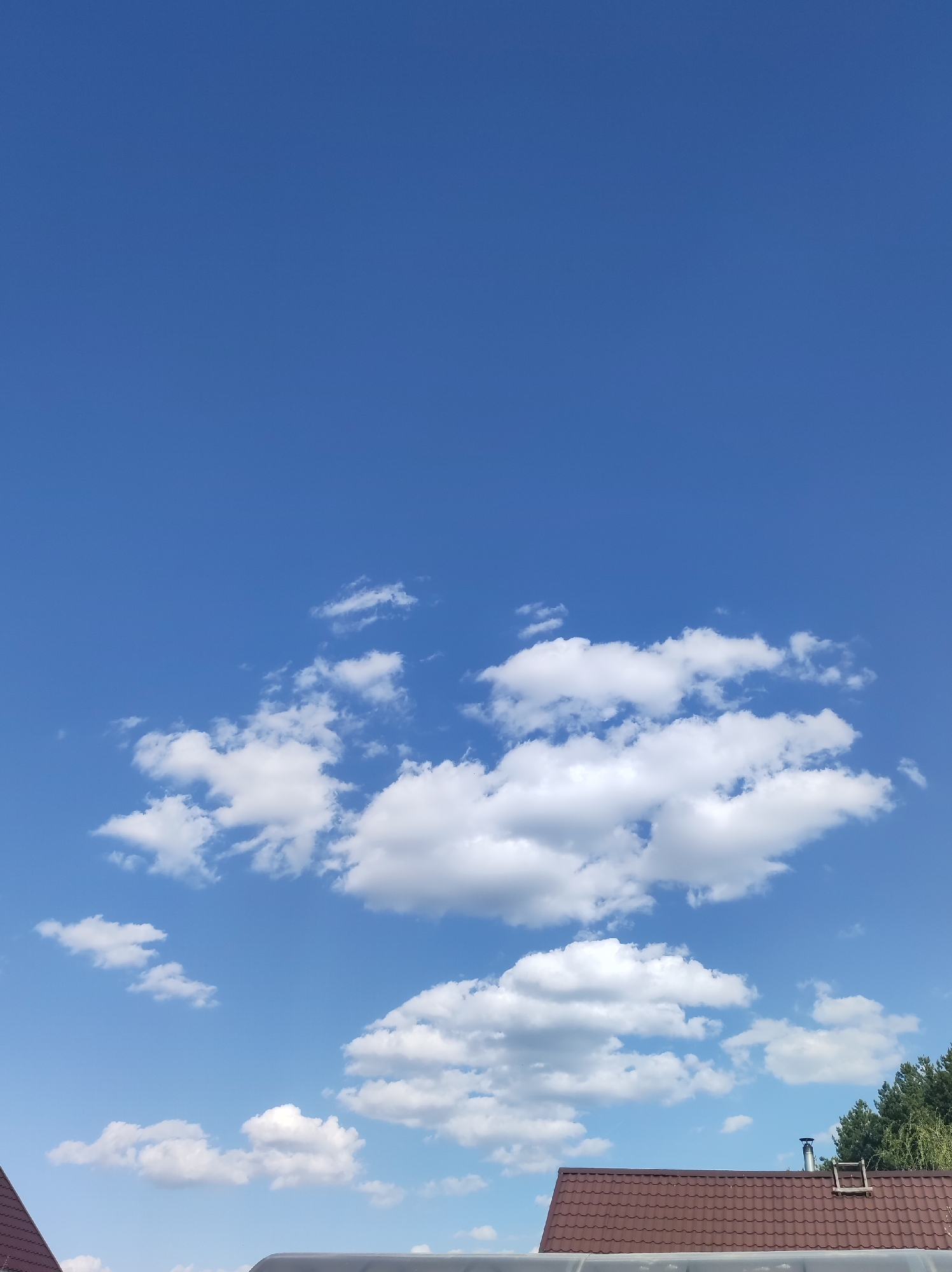 The image captures a serene sky in Фоки, Russia, with patches of white clouds scattered across a predominantly blue expanse. In the lower portion of the frame, sections of buildings with brown tiled roofs are visible, along with foliage from trees in the background. A chimney and a ladder are seen on one of the roofs.