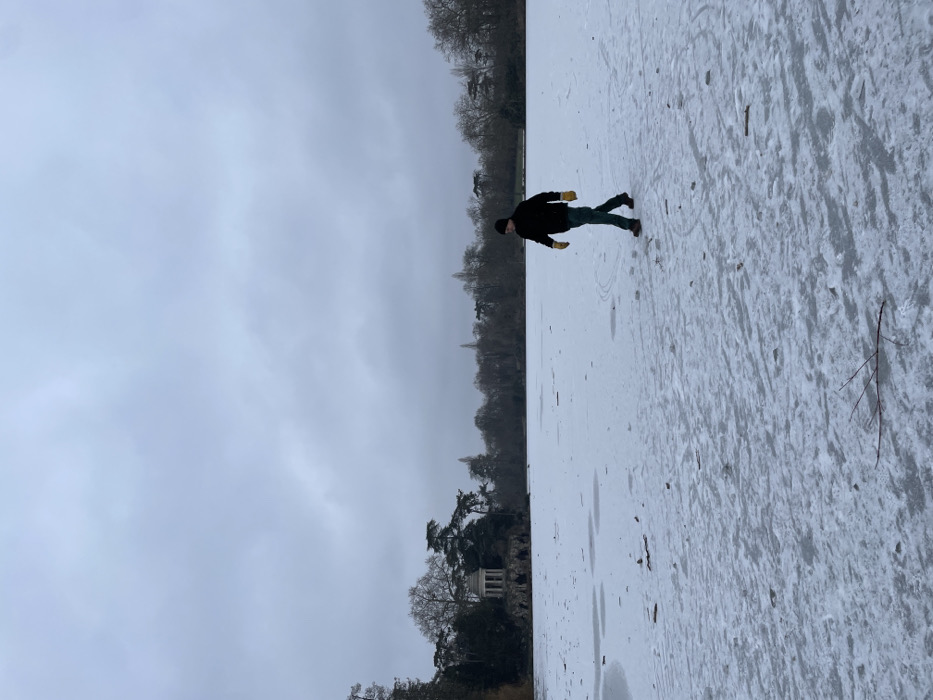 A single adult male walks across a frozen lake surface in Parc des Buttes-Chaumont, Paris, France. The man, positioned in the midground, moves from right to left, wearing a dark beanie, dark jacket, dark pants, dark boots, and yellow gloves. His left foot is lifted mid-stride. The lake's surface consists of ice and thin snow, marked with footprints and circular patterns. Scattered twigs are visible on the ice in the foreground. In the background, the circular Temple de la Sibylle stands on the far bank, surrounded by a line of winter trees and evergreen foliage. The sky is uniformly overcast and gray.