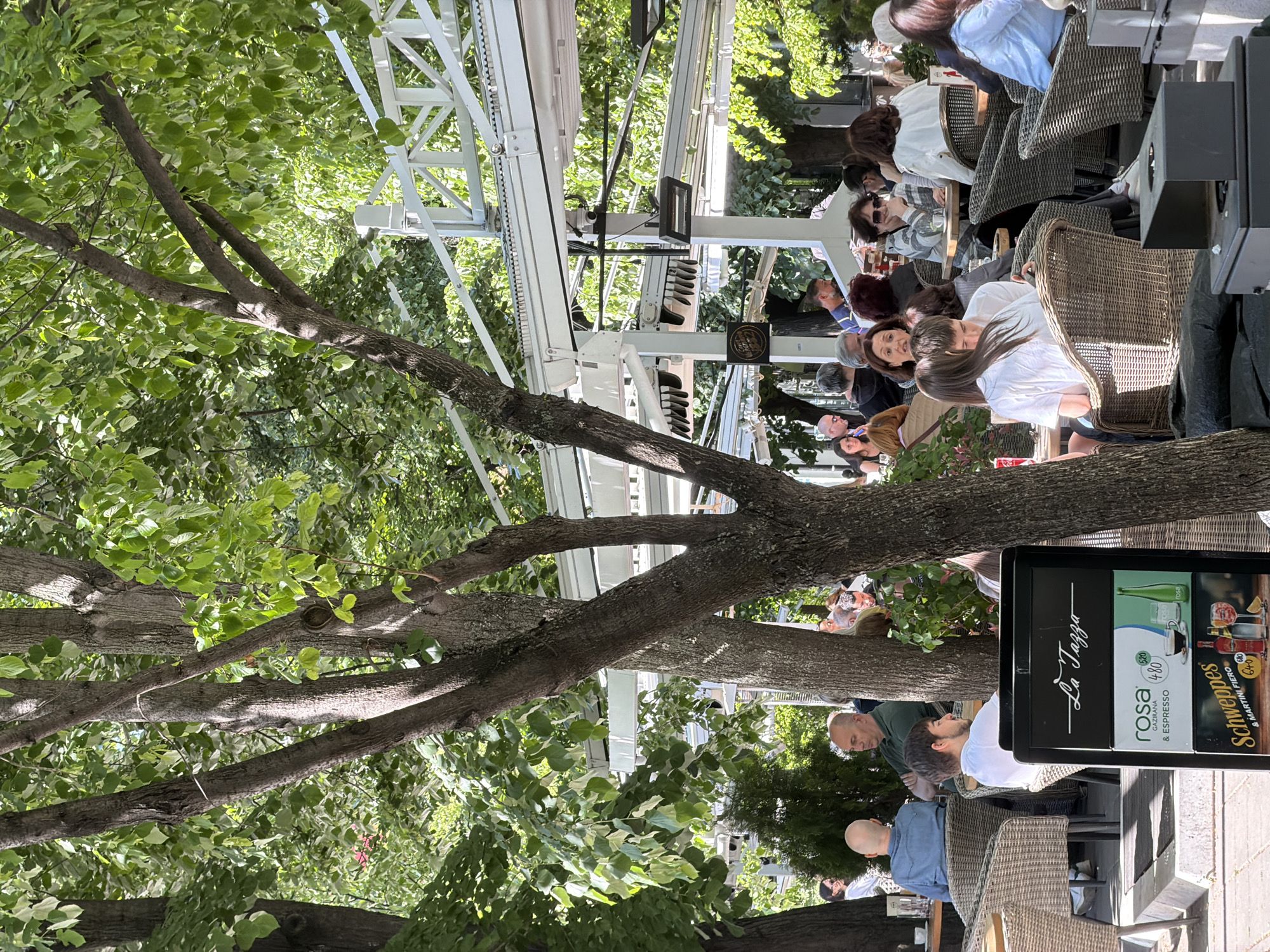 The image shows an outdoor cafe scene in Belgrade, Serbia. Patrons are seated at wicker chairs and tables beneath a retractable awning structure and the branches of a large tree. The patrons are engaged in conversation. A sign displays beverage options including "Rosa Gazirana & Espresso", and "Schweppes & Martini Fiero". The setting implies a leisurely, social gathering.
