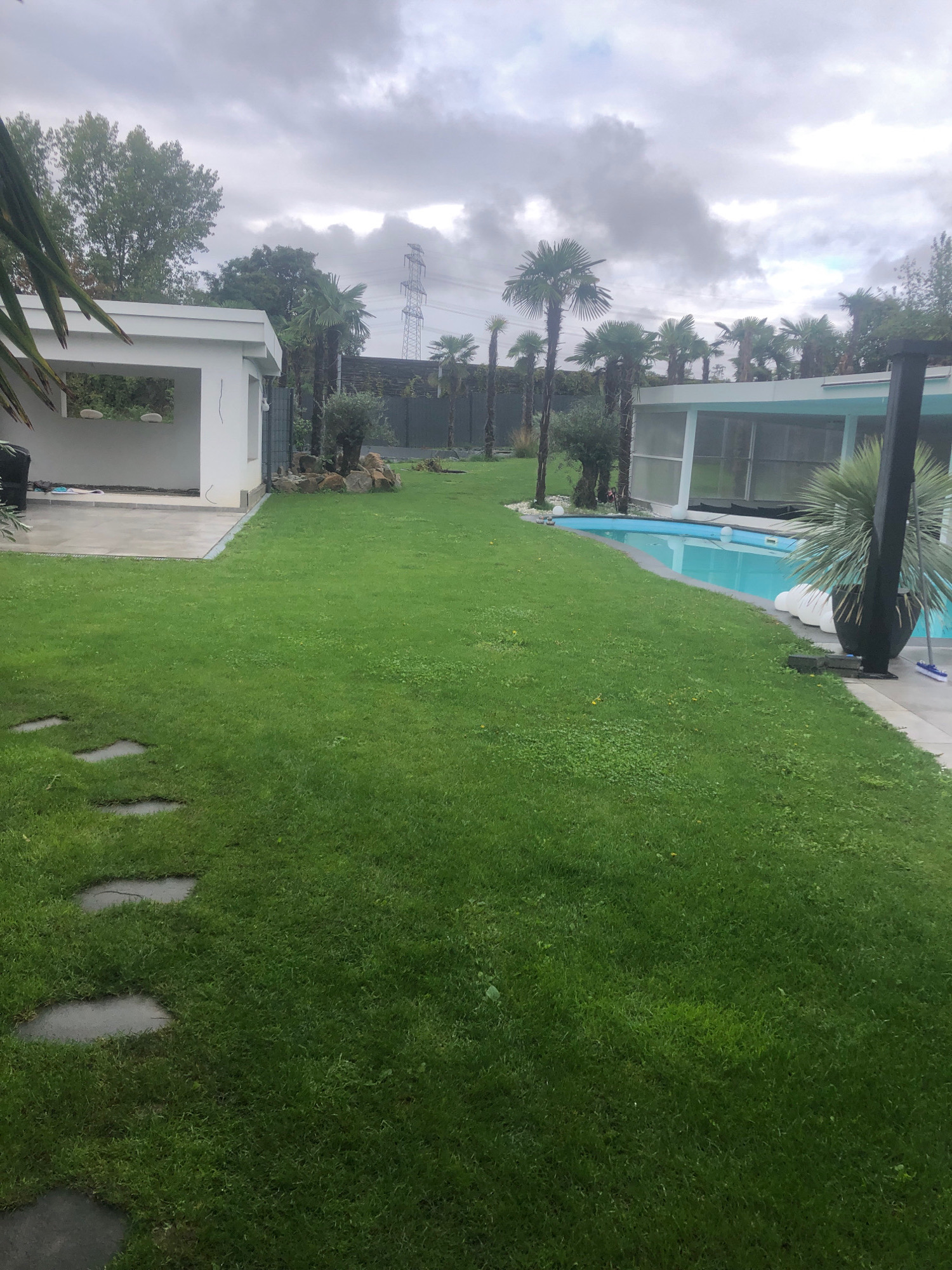 The image depicts a modern backyard in Sierndorf, Austria, on a cloudy day. The scene features a well-maintained lawn with a stepping stone path leading towards a paved area adjacent to a white modern structure. Further into the yard, a bright blue swimming pool is visible, surrounded by lush green grass and various palm trees. A large potted palm and a black pole are situated near the pool. In the background, a tall electrical pylon stands against the overcast sky. The overall impression is one of a contemporary residential outdoor space designed for leisure.