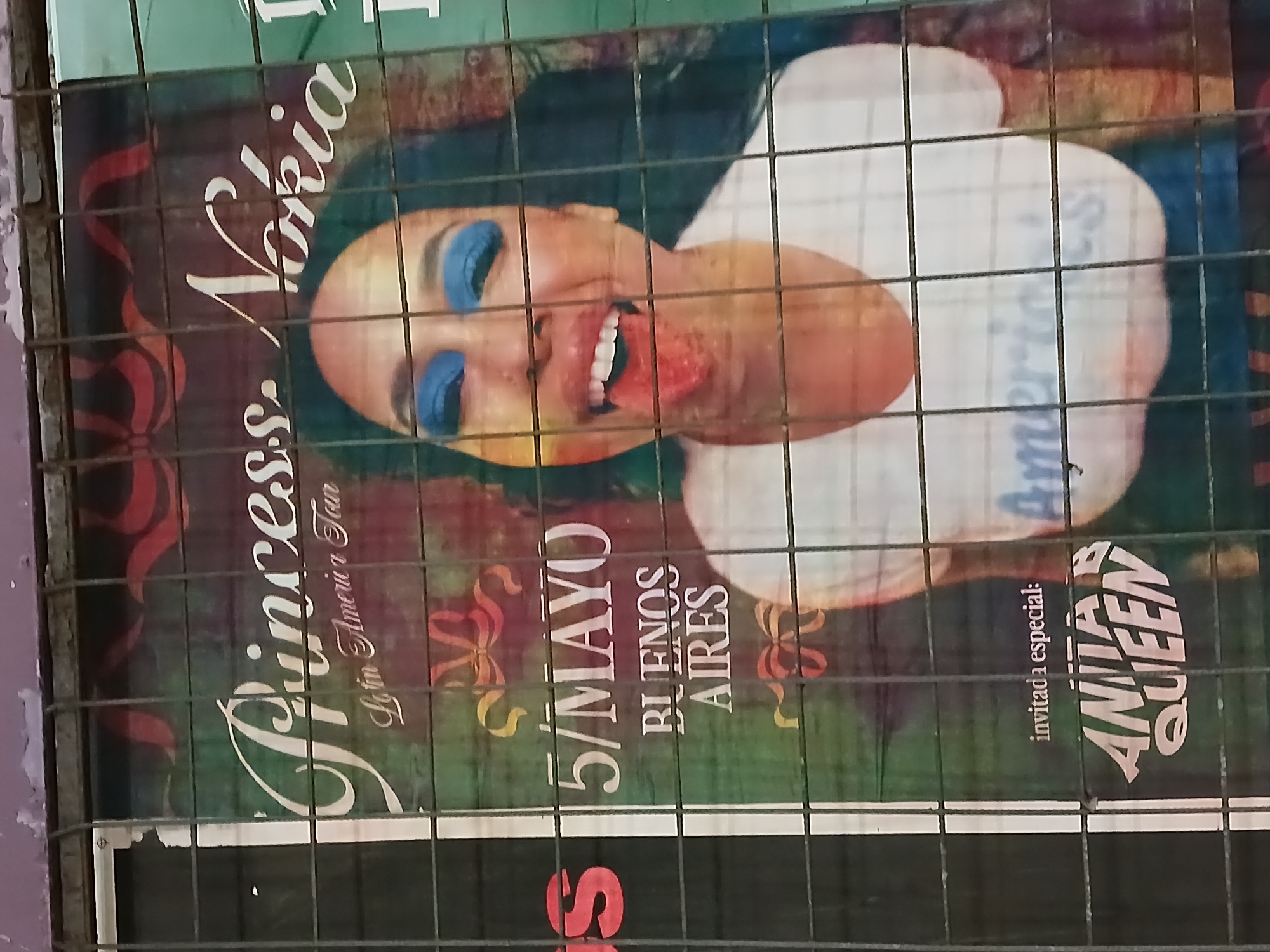 The image shows a poster for Princess Nokia's "Latin America Tour," dated May 5 in Buenos Aires, with a special guest, Anitar Queen. The poster is partially obscured by a metal grate.