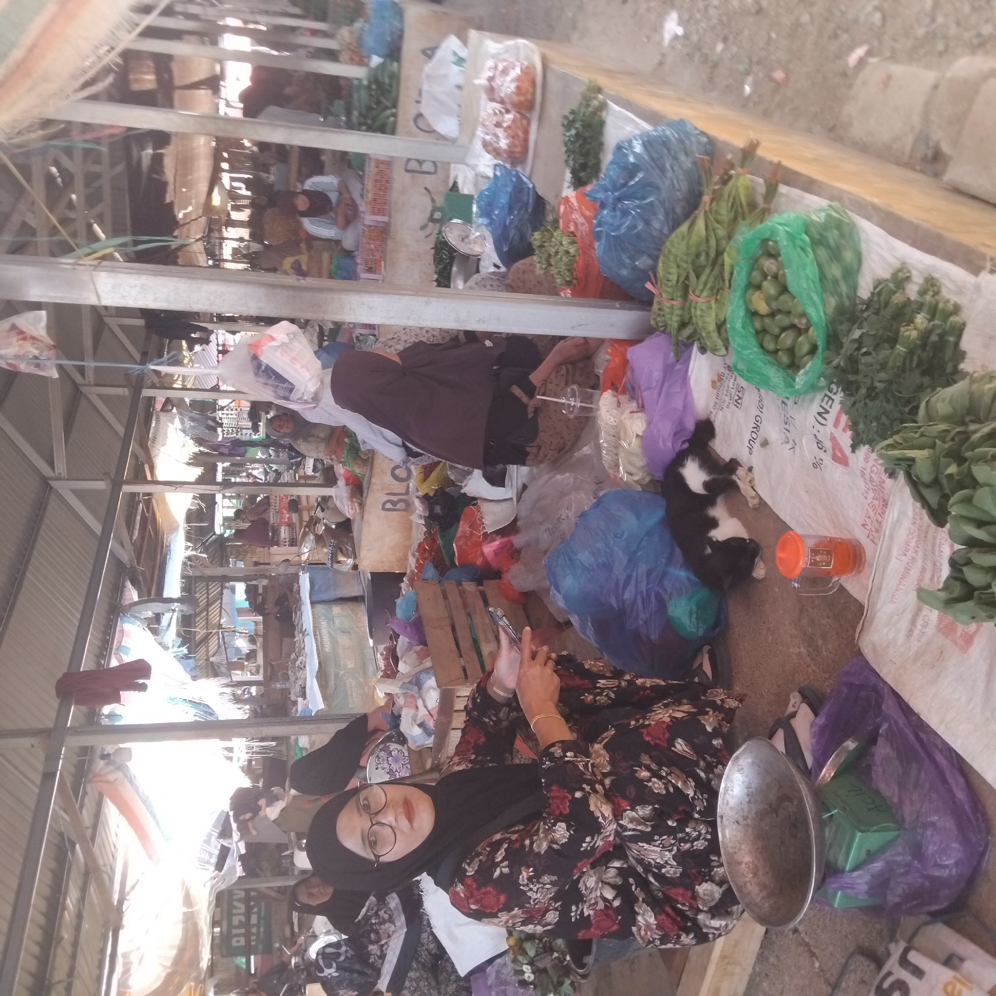 This is a wide shot of an outdoor market stall in Pelaihari, Indonesia. A woman wearing a floral dress and a black hijab is seated on the ground in the foreground, looking at her phone. In front of her is a green scale with a metal bowl on top, covered by a purple plastic bag. To her right are various produce items, including green beans, leafy greens, and what appear to be small citrus fruits in a green plastic bag. A black and white cat is lying on a white sack behind the woman. Other people are visible in the background, tending to their stalls. The market is covered by a corrugated metal roof supported by metal poles. Bags of goods and produce are displayed on tables and on the ground. The overall scene depicts a typical marketplace environment.