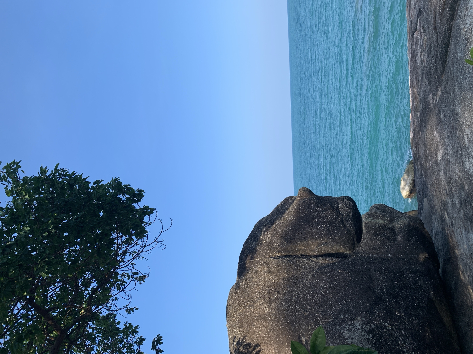 The image captures a serene coastal landscape in Baan Chaweng Noi, Thailand, under a clear, bright sky. The scene is dominated by a vast expanse of light blue sky in the upper portion of the frame, meeting a distinct horizon line. Below the horizon, a wide stretch of turquoise-blue ocean fills the lower part of the image, displaying gentle ripples and subtle wave patterns on its surface, indicating calm waters.
On the right side of the frame, massive, dark grey to black rock formations rise prominently from the water's edge and extend into the mid-ground. These rugged rocks exhibit textured surfaces with visible cracks and varied contours. One particular rock near the center-right has a distinctive, rounded profile. To the upper-left, the vibrant green foliage of a tree is visible, with some branches stretching towards the sky. Shadows cast by leaves onto the rocks suggest strong, clear sunlight. The overall impression is of a sunny, peaceful day at a natural, rocky beach or cliffside. There are no visible people or text in the image.