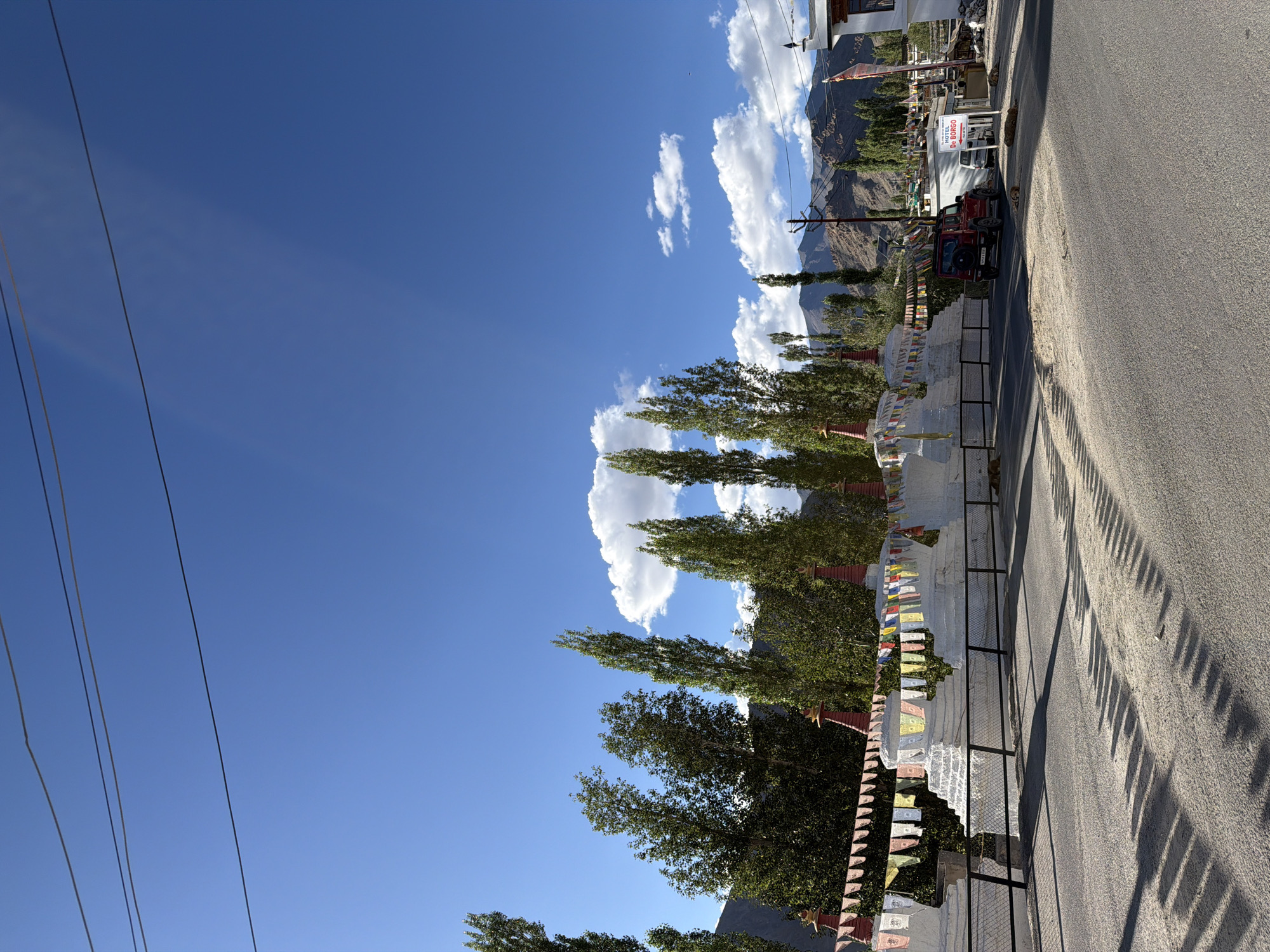 In the city of Leh, India, a row of white stupas adorned with colorful prayer flags stands prominently against a backdrop of tall, slender trees and rugged mountains under a bright blue sky dotted with white clouds. A black metal fence separates the stupas from a paved road. A red SUV is parked near a white building displaying a sign that reads "HOTEL DO BORGO". Several dogs are resting on the ground near the road and the hotel. The scene is illuminated by sunlight, casting long shadows on the road, suggesting it is late afternoon.