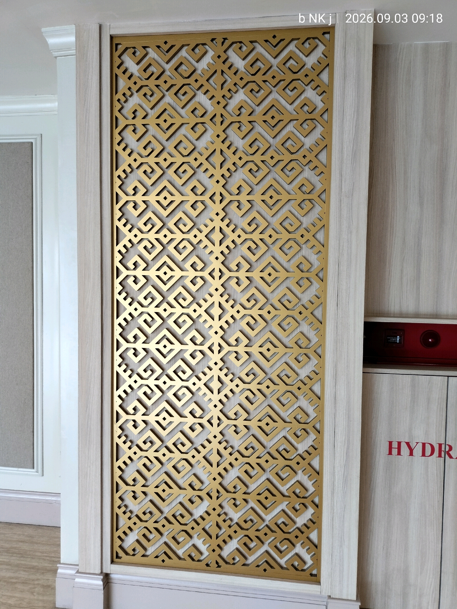 The image depicts a decorative golden geometric screen situated within an interior space. The screen has an intricate pattern of interlocking squares and diagonal lines, set against a neutral background. To the left of the screen is a white door frame with molding. To the right of the screen, there is a light-colored wooden cabinet with a red label that reads "HYDRA". The overall setting appears to be a modern interior, possibly a hallway or a room within a building. There are no people or specific actions visible in the image. The timestamp "b NK j | 2026.09.03 09:18" suggests the photo was taken on September 3, 2026, at 9:18 AM. Based on the information provided, the image is located in the city of South Jakarta, Indonesia.