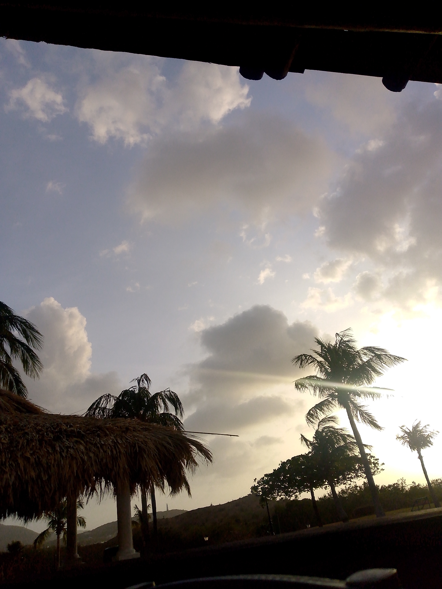 The image presents a view in what appears to be Pedro González, Venezuela, as indicated by the subject matter and composition. The foreground features a structure with a thatched roof, likely part of a palapa or similar open-air structure. Several palm trees are visible, some silhouetted against the bright sky. The sky is filled with clouds, and the sun's position suggests it is either early morning or late afternoon. In the distance, there is a low-lying hill or mountain range. The overall lighting is bright but slightly hazy. There are no people visible in the image.