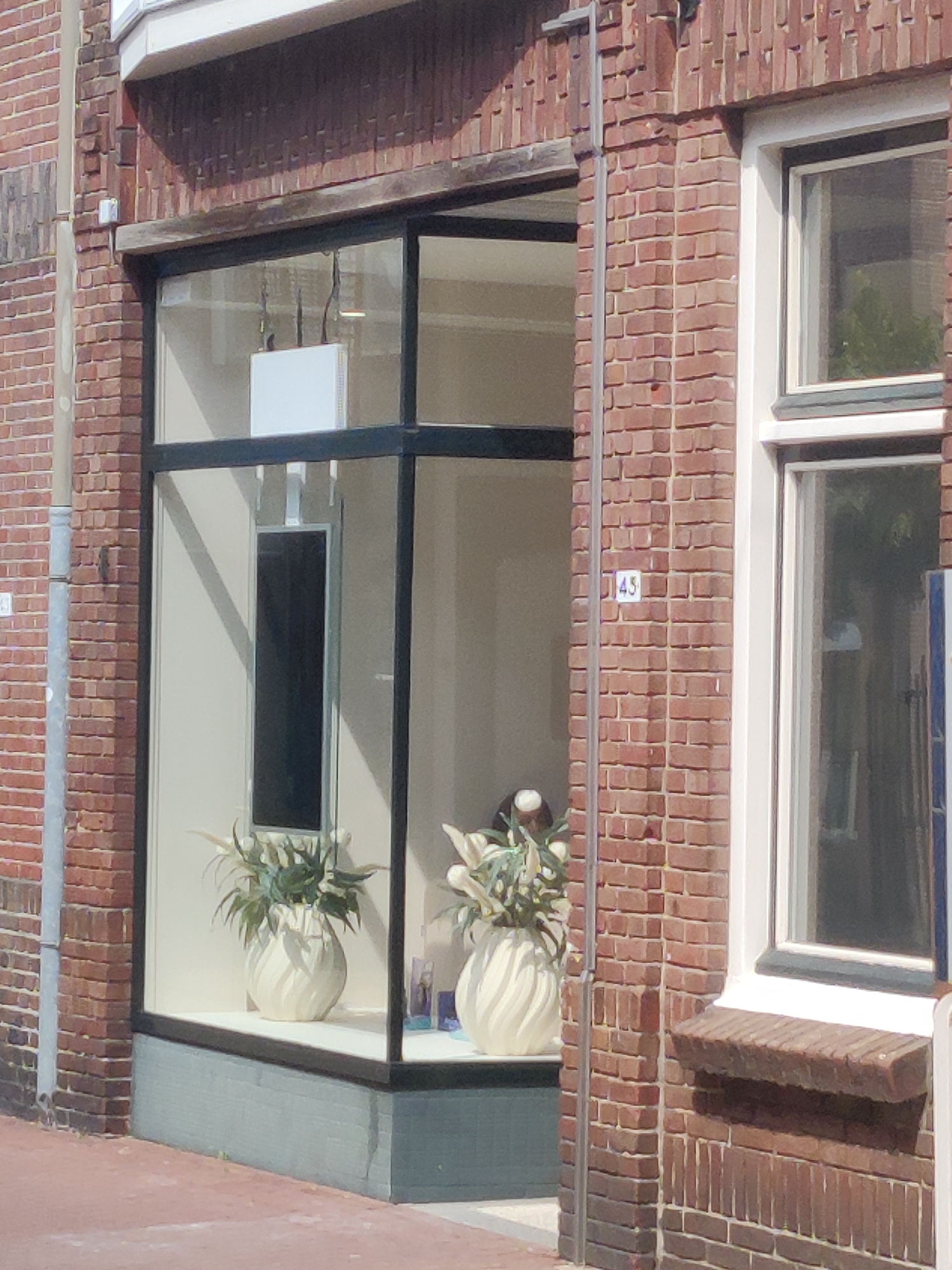 The image shows the exterior of a building with a large storefront window. The building is constructed of red brick. The storefront window is framed with dark metal and displays two large white vases, each containing decorative greenery. One vase is on the left side of the window and the other is on the right. Behind the vases, the interior of the shop is visible, appearing to be a light color.
To the right of the storefront, there is another window with a white frame. A small rectangular tile with the number "43" is affixed to the brick wall near this window. A grey metal pipe runs vertically along the brick wall to the left of the storefront. The ground in front of the building is paved with reddish-brown material. The image appears to be taken during daylight. This building is located at Ratumsestraat 43 in Winterswijk, Netherlands.