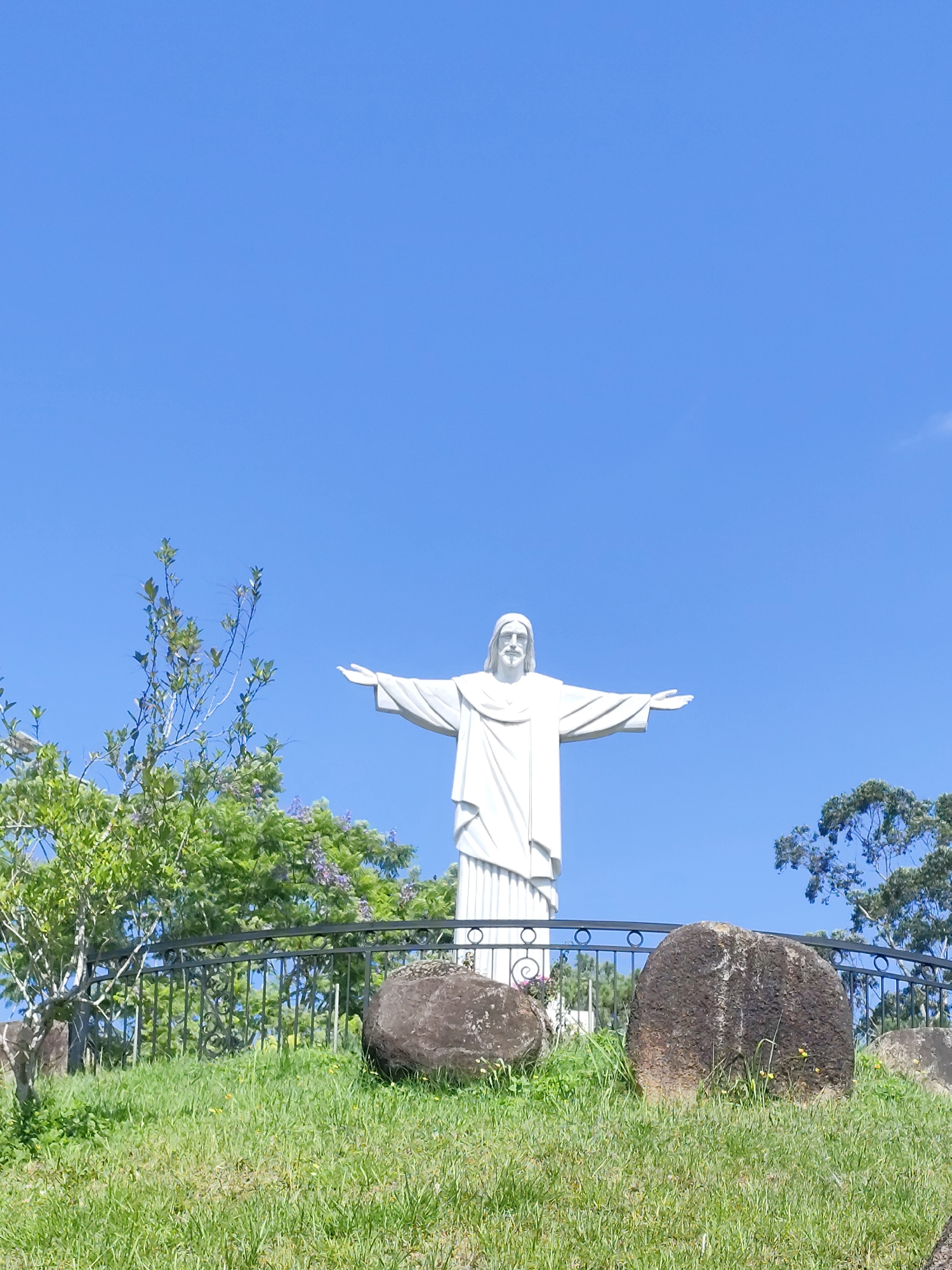 This image features a prominent white statue of Jesus Christ with outstretched arms, reminiscent of the Christ the Redeemer statue, set against a vibrant clear blue sky in Lạc Dương, Vietnam. The statue, appearing to be made of white stone or concrete, dominates the midground, with a serene expression and beard visible on its face.
In the foreground, a verdant grassy slope with scattered large, dark, rough-hewn rocks creates a natural base for the scene. A decorative black metal fence or railing runs horizontally across the midground, separating the grassy area from the statue's immediate surroundings.
Behind the statue and fence, lush green trees with dense foliage are visible on both sides, suggesting a natural park-like or elevated setting. Some trees on the left exhibit lighter green leaves and hints of purple blossoms. The sky above is entirely clear and a bright cerulean blue, indicating a sunny day, likely morning or early afternoon, with no clouds. The bright sunlight casts soft shadows, highlighting the statue's form. No human activity or visible text is present in the tranquil scene.
