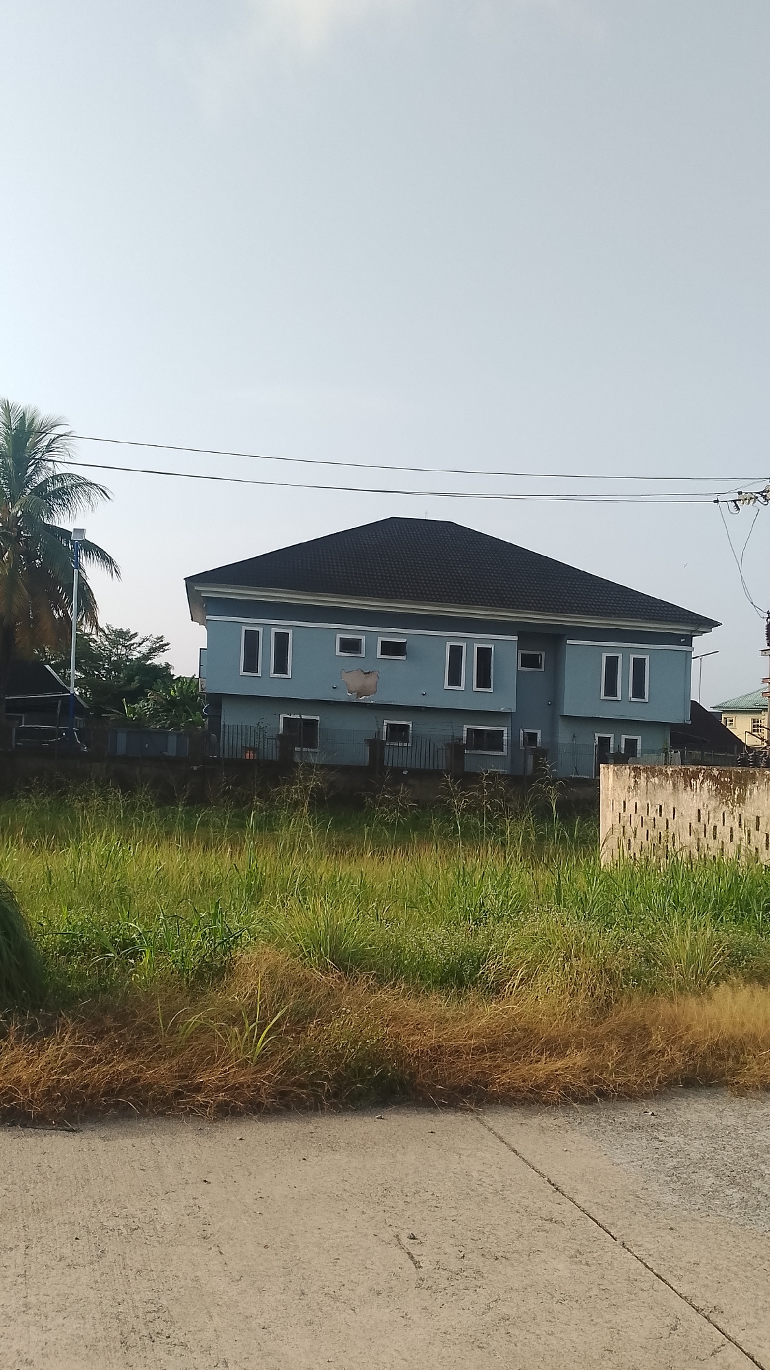 The image shows a two-story residential building in Effurun, Nigeria. The building is light blue with a dark roof and white-framed windows. There's visible damage to the facade on the second floor. A low fence surrounds the property, partially obscured by tall grass and weeds in the foreground. A palm tree is visible to the left of the building. Utility poles and wires are overhead. A paved road runs in the lower portion of the frame.