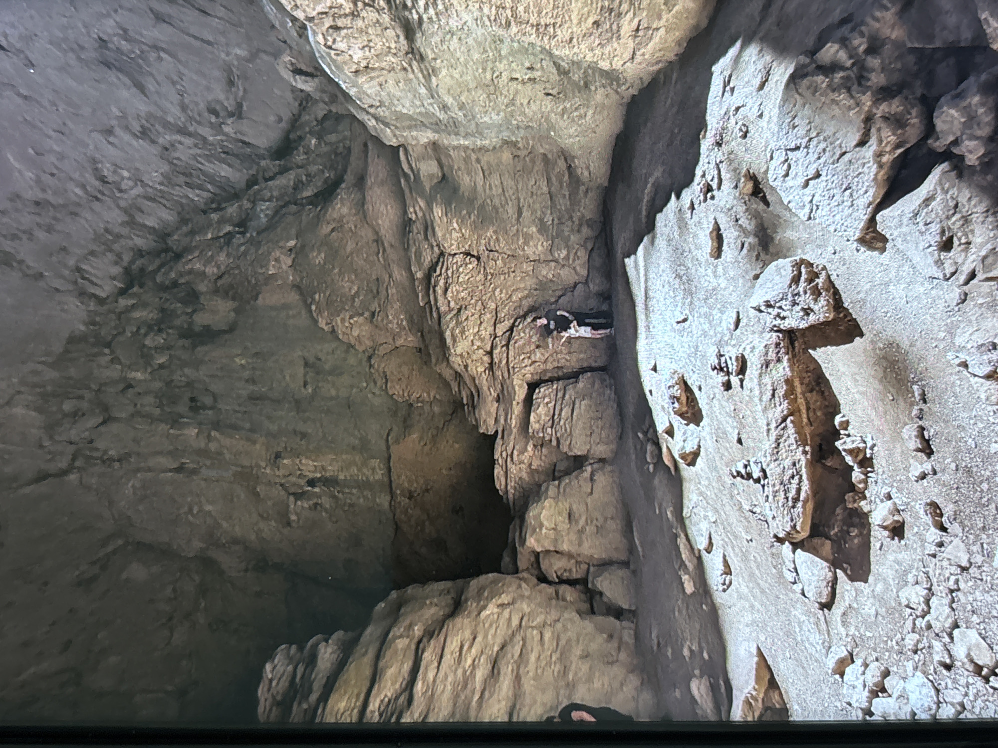 The image captures a deep and confined geological formation, likely a cave or a narrow slot canyon, viewed from above looking down into its depths. The walls are composed of rugged, uneven rock formations, displaying various textures, cracks, and ledges in shades of grey, brown, and off-white.
In the mid-right section of the frame, a person is visible, lying on their back in a horizontal position, wedged between two prominent rock faces. The person is wearing dark clothing, consisting of a dark long-sleeved top and dark trousers. Their arms are extended upwards, and their knees are bent, indicating an activity like caving, potholing, or navigating a tight crevice.
The lighting within the scene appears to be artificial, casting distinct shadows and illuminating the rough surfaces of the rock. This suggests an underground environment where natural light is absent. The overall scene conveys a sense of adventure, exploration, and the challenging nature of traversing confined subterranean passages. No text is visible in the image. While the provided context notes Wolverhampton, United Kingdom, the image itself does not offer specific visual cues to confirm this geographic location for the cave.