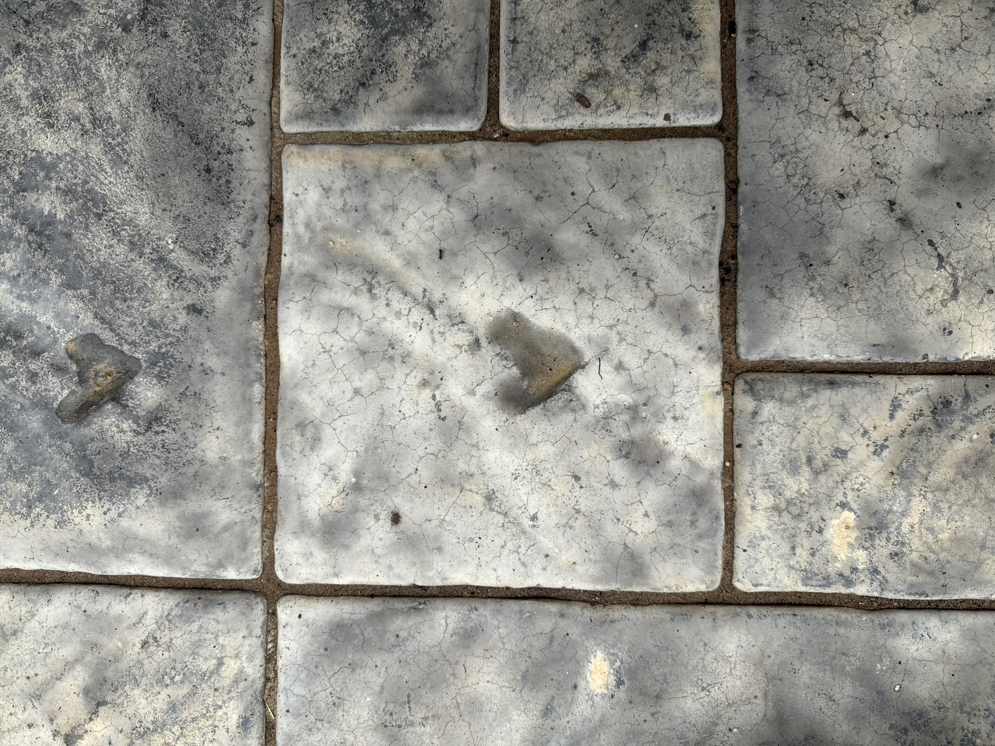 The image displays a close-up view of a paved surface, likely a sidewalk or patio, composed of large, rectangular concrete tiles. The tiles are varied in color, ranging from light gray to dark gray, with visible signs of wear, including cracks and staining. The grout lines between the tiles are filled with a reddish-brown sand or dirt.
Interestingly, several of the tiles feature imprints that resemble the shape of a heart. One prominent heart-shaped imprint is located in the center of a light gray tile, appearing as a darker, slightly depressed area. Another, less defined heart shape is visible on a darker gray tile in the upper right portion of the image. The presence of these heart shapes suggests they may be intentional decorative elements or perhaps accidental impressions from a natural object.
The scene is devoid of any people or overt activity. The focus is solely on the textured surface of the pavement. There are no specific visual cues within the image that would definitively place this scene in Chaikovsky, Russia. However, if this location were indeed Chaikovsky, the image would depict a section of the city's urban landscape, potentially a public walkway or a private outdoor space. The overall impression is one of an aged, somewhat weathered, but characterful paved area.