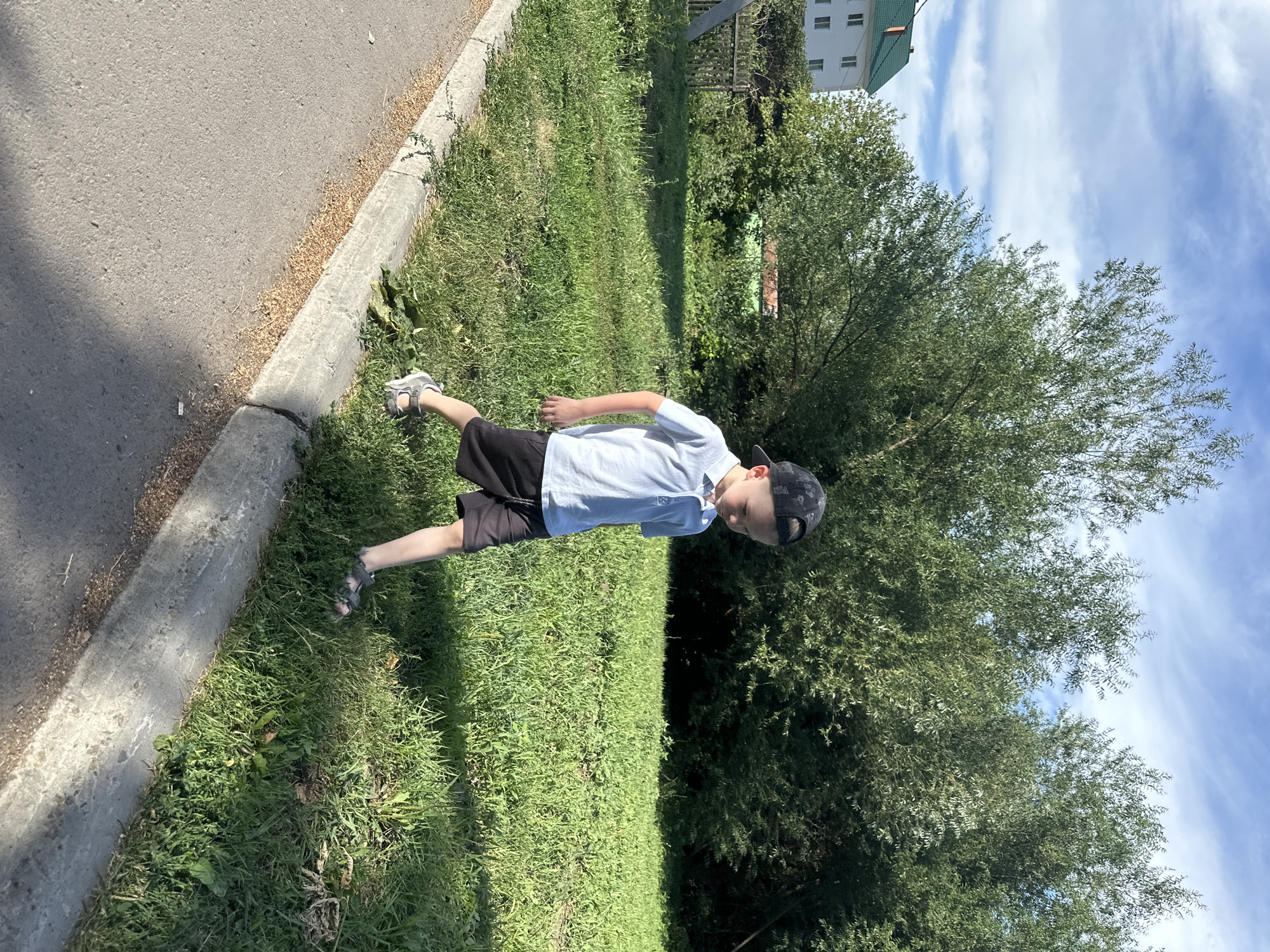 A young boy wearing a blue polo shirt, black shorts, a black baseball cap, and gray sandals is walking on a grassy area next to a paved road with a concrete curb. The boy is looking down and appears to be walking towards the right side of the frame. The background consists of lush green trees and a bright blue sky with scattered white clouds. To the left of the trees, a white building with a green roof and multiple windows is visible. The scene appears to be a residential area in Danilovka (Altai), Russia, on a sunny day.