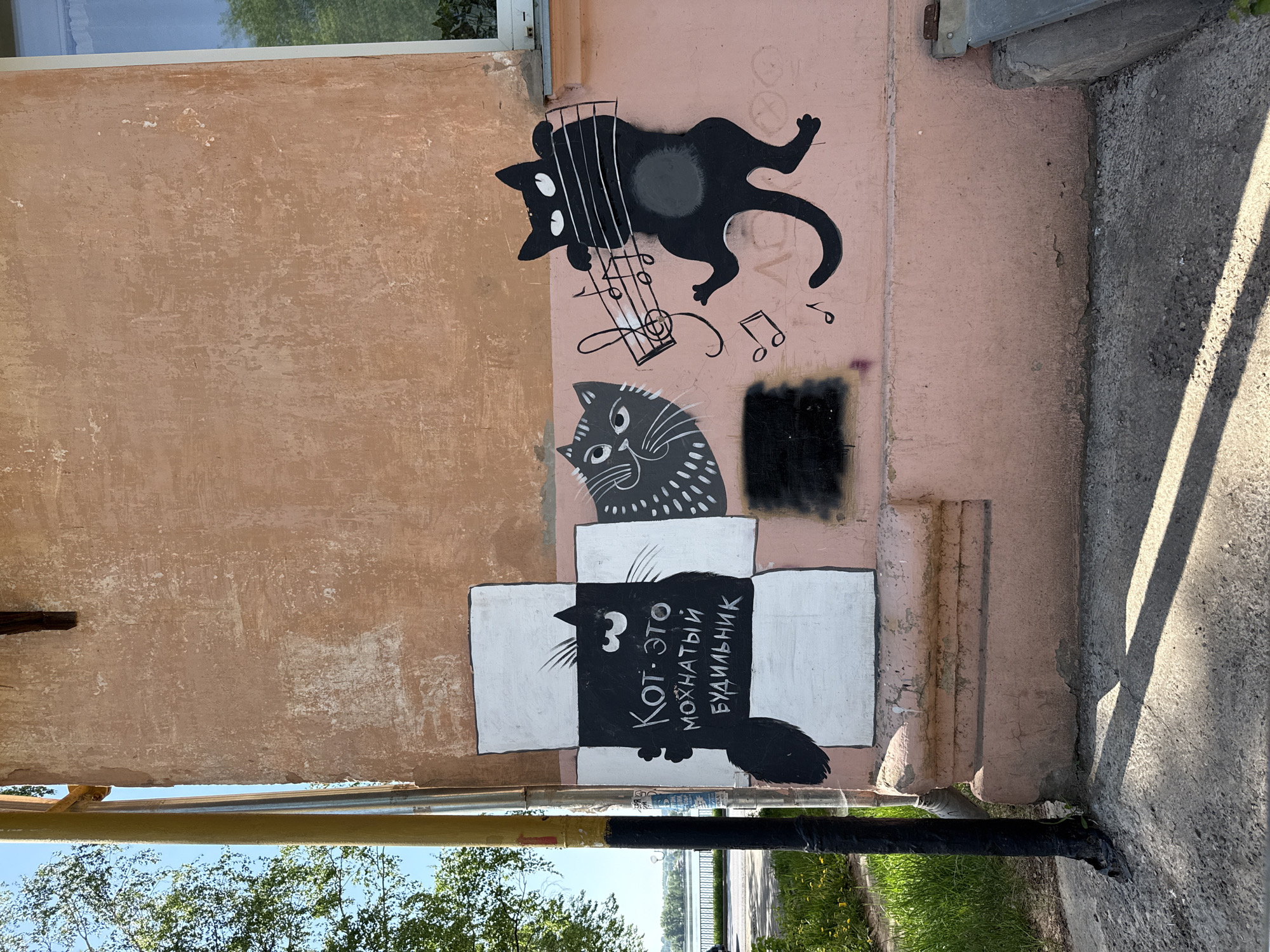 The image is of a mural painted on a weathered, peach-colored exterior wall of a building. The mural depicts three cartoon cats in black and white. The top cat is lying horizontally, playing a crude stringed instrument. Two musical notes float near it. Below it is a cat peering out from an obscured square shape. The bottom cat is drawn within a black and white checkered rectangle. Russian text is written on the rectangle, reading "кот- это мохнатый будильник" ("cat- this is a furry alarm clock"). A portion of a metal pipe runs horizontally across the lower part of the mural. In the background below the pipe, there are trees, a walkway, and a body of water. This mural is located in the city of Votkinsk, Russia.
