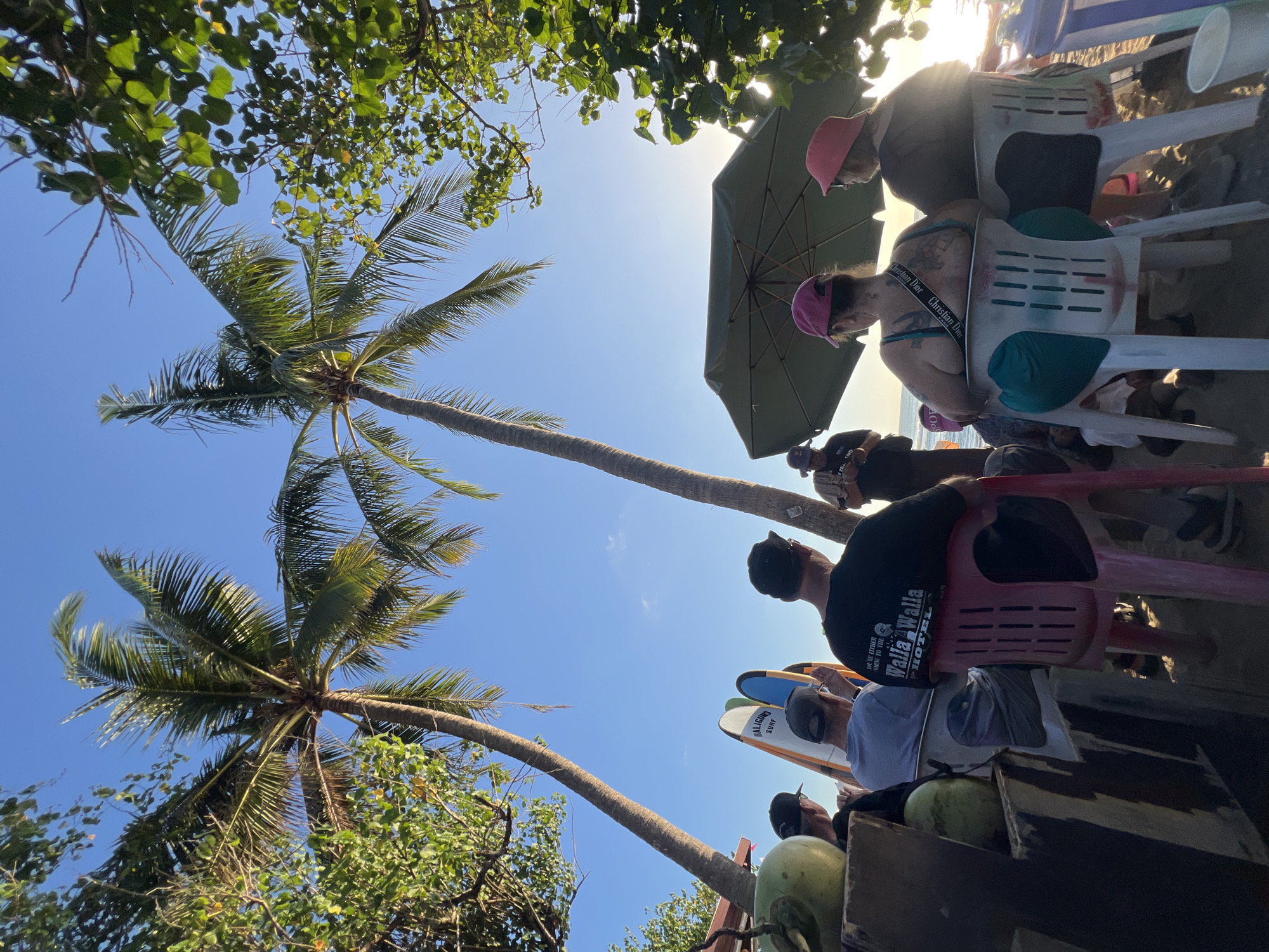 A group of people are gathered on a beach in Kuta, Indonesia, under palm trees with the sun setting in the background. The scene appears to be outdoors, possibly a casual event or gathering. Several people are seated on plastic chairs, facing away from the camera and towards a central point where a person is standing and holding a ukulele or similar instrument. There are surfboards leaning against a wooden structure in the foreground, and coconuts are visible on a wooden table. A large green umbrella is open and positioned behind the seated individuals. The sky is clear and blue, transitioning to warmer tones near the horizon, indicating late afternoon or early evening. The atmosphere seems relaxed, with individuals dressed in casual attire. The presence of surfboards suggests a connection to surfing culture, common in Kuta.