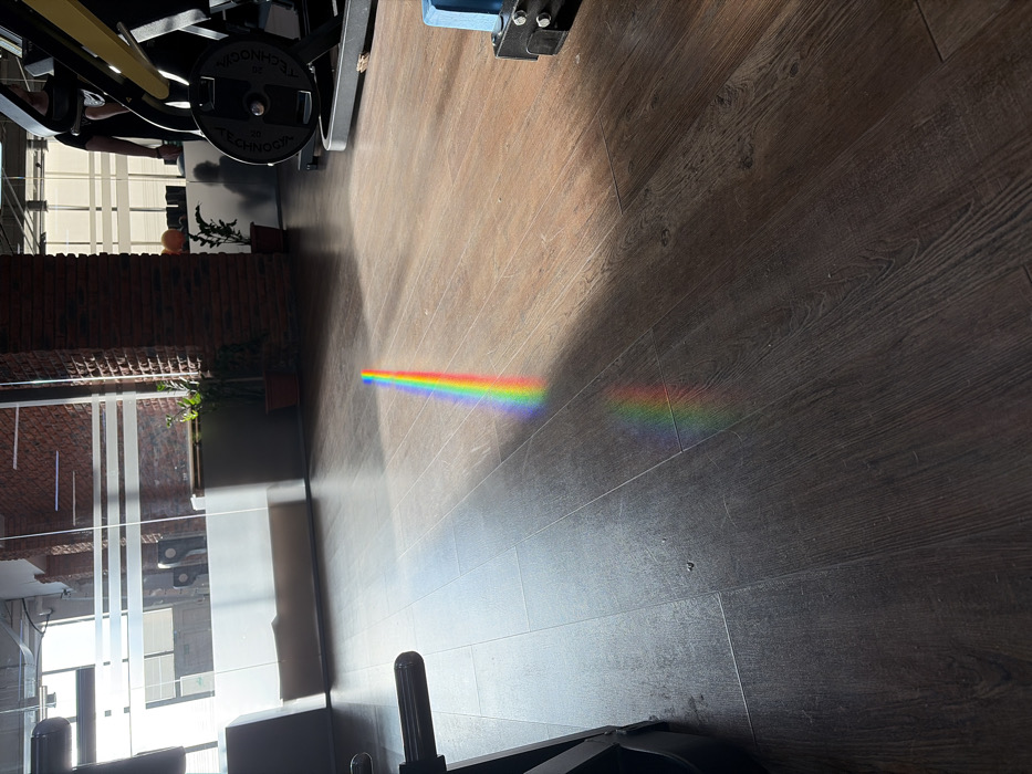 The scene depicts the interior of a fitness center or gym located in Chaikovsky, Russia. A distinct, vertical spectrum of light, displaying a full rainbow from red to violet, is projected onto the dark brown wood-grain laminate floor, measuring approximately 45-50 centimeters in height. The laminate floor features visible seams and subtle textural variations.
In the background, large glass partitions separate the main space. Some sections of these partitions have frosted horizontal strips, while others offer clear views. Beyond the glass, a red brick wall is partially visible, along with glimpses of an exterior or adjacent room with structures. Several pieces of gym equipment are present; on the right, a dark-colored weight machine with a circular 20 kg weight plate, marked "TECHNOGYM," is visible. Another piece of equipment is partially observed in the lower-left foreground. Two potted green plants are positioned against the brick wall and near the glass.
A person is partially visible in the far right background, standing near the gym equipment. Their figure is mostly obscured by shadow and equipment, appearing as a dark silhouette. Another faint, partial human shadow is cast onto a lighter surface behind the equipment in the mid-ground. The room is illuminated by strong natural light entering from the left, creating shadows and the prominent rainbow effect on the floor. No explicit actions or interactions are discernible.
