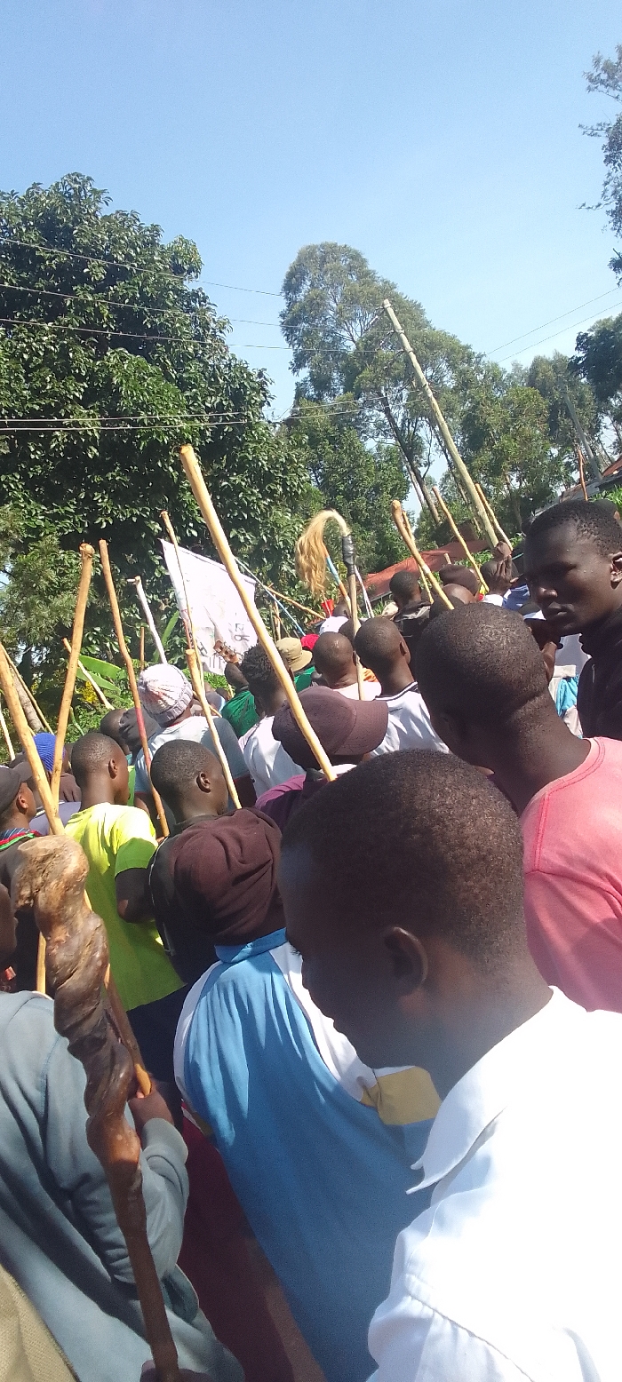 The image shows a group of people holding long wooden sticks, some with a white cloth attached. The crowd is dense, and individuals are packed close together, mostly obscured from view. They are standing on a dusty dirt road with trees and power lines above them. The day is clear and sunny. The scene is likely an outdoor gathering in Isukha, ICHINA, Kenya, based on provided coordinates. The atmosphere is informal, with people interacting casually as part of a larger gathering.