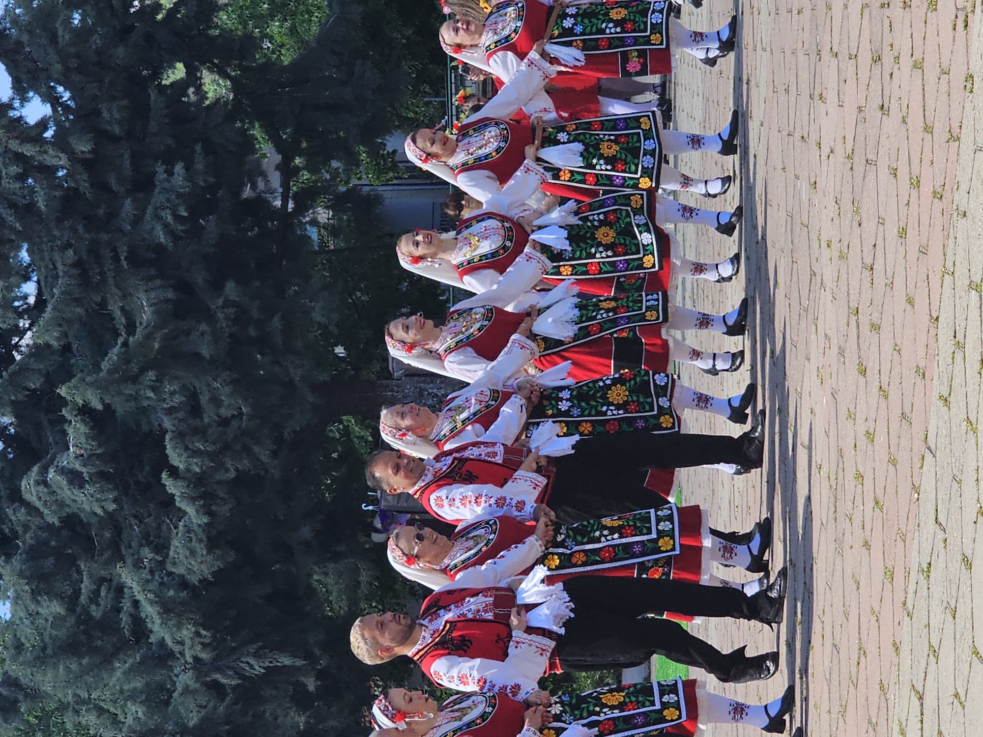 A line of nine people in traditional clothing perform a folk dance on a brick surface in Unknown, Unknown. The dancers are holding hands, facing forward, and leaning in the same direction. Their traditional attire includes white shirts with red accents and decorative embroidery. The women wear red skirts with floral embellishments, white headscarves, and patterned socks. The men wear black pants and black shoes. A large, dark green tree is in the background, with patches of blue sky visible through the branches. The lighting suggests it is daytime.