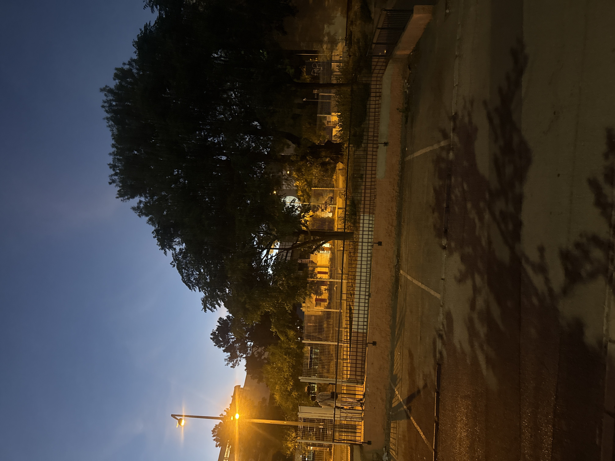 The image captures an outdoor scene at dusk or dawn in an urban setting. In the foreground, a wet asphalt parking lot is visible, marked with white lines and displaying faint shadows cast by trees. A dark metal fence with a retaining wall runs along the edge of the parking lot. Behind the fence, there's a person standing on a paved area, facing away from the camera, with a bag slung over their shoulder. Further back, a street lamp with a warm yellow glow illuminates the area. Beyond the lamp, a building with windows is visible, and several trees with dense foliage are scattered throughout the scene. The sky is a deep blue, transitioning to a lighter shade near the horizon, suggesting either the beginning or end of daylight. The overall atmosphere is calm and quiet.