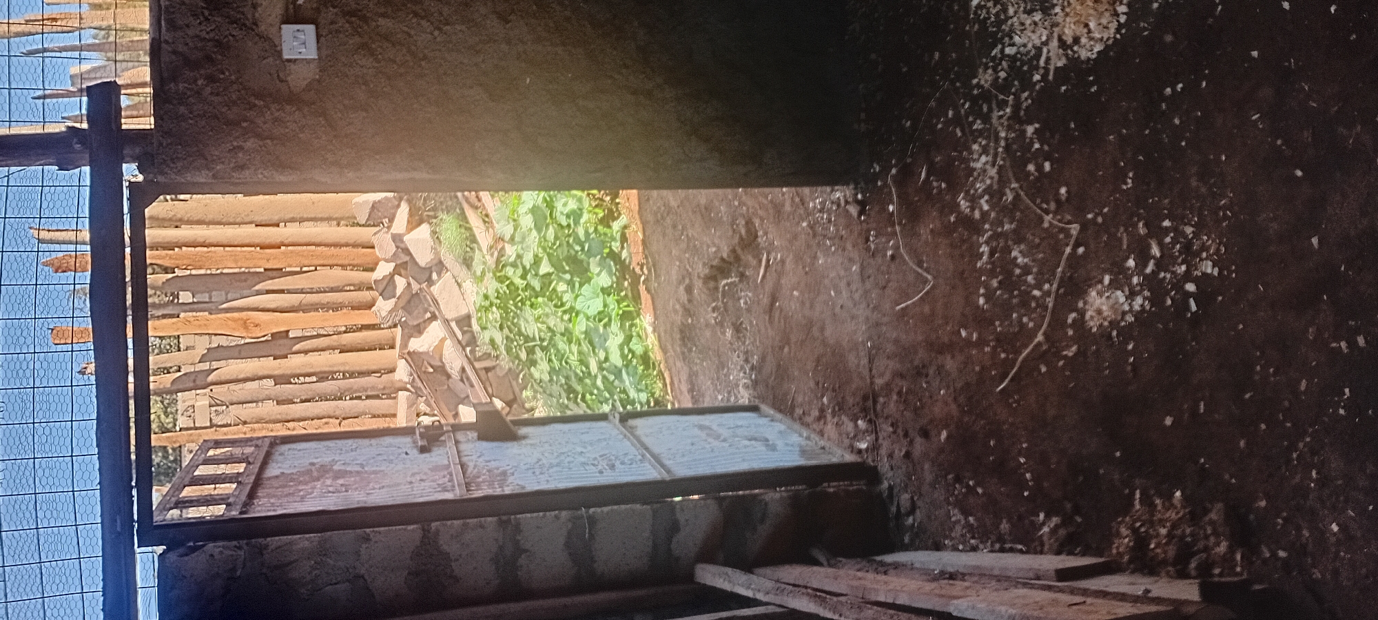 The image depicts an outdoor scene with a prominent open doorway leading to a yard. The doorway is framed by a rough, possibly concrete or mud-brick wall on the right and a structure with a metal door on the left. The metal door is partially open, revealing a glimpse of its corrugated surface and a simple latch mechanism.
Beyond the doorway, a yard is visible with a fence made of vertical wooden poles. In the background, there are stacks of rough-hewn stones and what appears to be a lush green plant growth, possibly a garden. The ground in the foreground of the yard is dirt with scattered debris, including wood shavings and organic matter. The area above the fence shows a wire mesh, suggesting a boundary. On the wall to the right of the doorway, a white electrical outlet with a switch is mounted. The lighting suggests it is daytime. The overall impression is a utilitarian or rural setting, possibly a homestead or agricultural enclosure. There are no people or animals visible in the image.