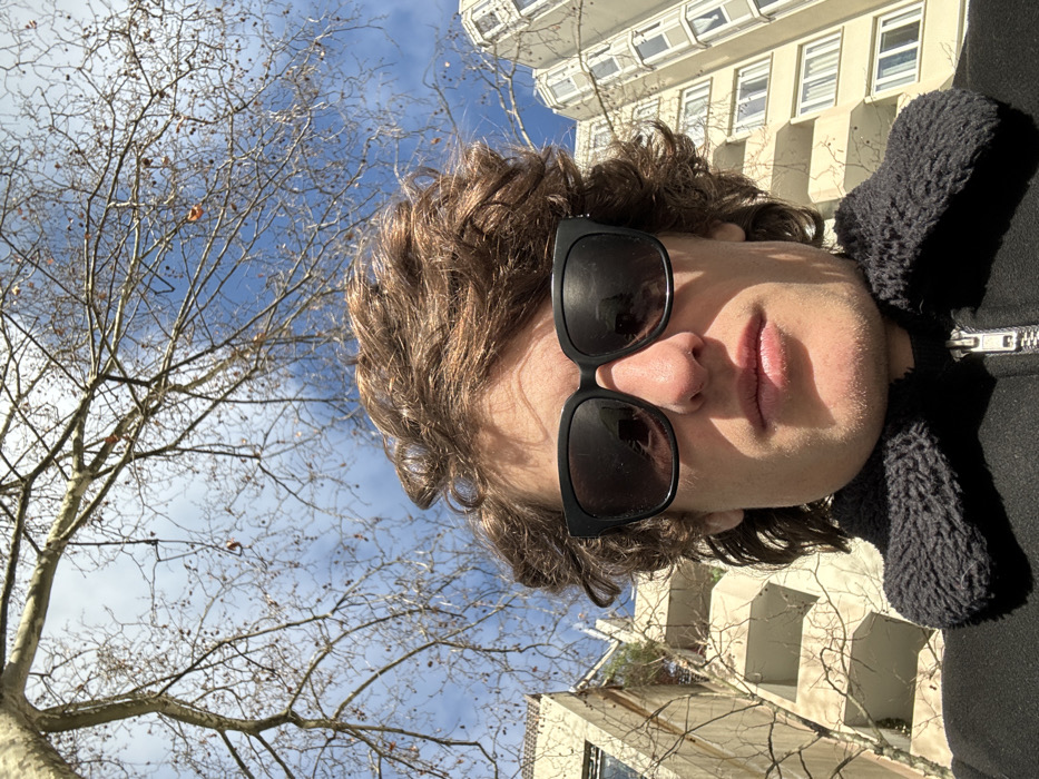 A low-angle, head-and-shoulders selfie captures a male individual outdoors on an urban street in Paris, France. The subject, positioned centrally and occupying the lower half of the frame, has curly brown hair and wears black sunglasses and a black coat with a faux fur collar. Bright sunlight casts distinct shadows across his face and the buildings.
The background reveals a clear blue sky with scattered white clouds, through which bare branches of a large deciduous tree, likely a London Plane, extend across the upper frame, indicating late autumn or winter. To the left, a multi-story building with a light-colored facade features terraced balconies. To the right, another multi-story, light-colored residential building with numerous vertically aligned windows is visible. The architectural style of both buildings appears to be modernist, typical of mid-20th century construction found in various residential districts of Paris. The reflection in the subject's sunglasses shows a light-colored building. The scene depicts a daytime setting on a residential street within the city.