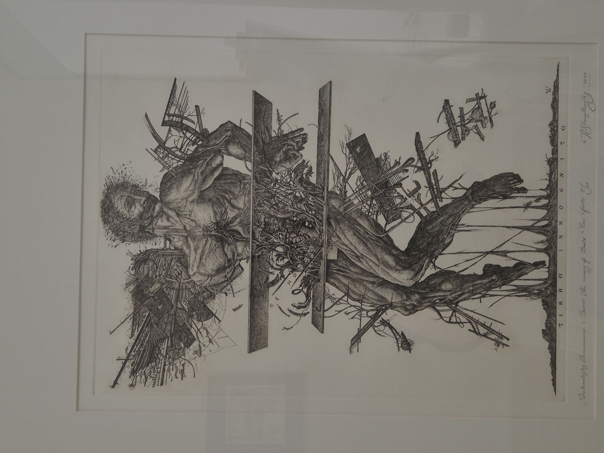 The image is a framed black and white etching of a surreal, anatomical figure entangled with mechanical and organic elements. The figure appears to be a winged human, with its torso split open to reveal a dense network of roots, wires, and fragmented objects. The style is intricate and detailed, with a dark, almost macabre aesthetic.
The etching is titled "TERRA INCOGNITA" and includes a dedication in a smaller font below: "Dantemaluzig. Воспоминение o Dante. The memory of Dante. "Esur. Forte. Vc" 7/20". In the lower right corner, there is a signature and date: "W. Stanislavsky 2010". The frame appears to be simple, with a white matting.
The provided information does not specify the location in the city of Vitsebsk, Belarus.