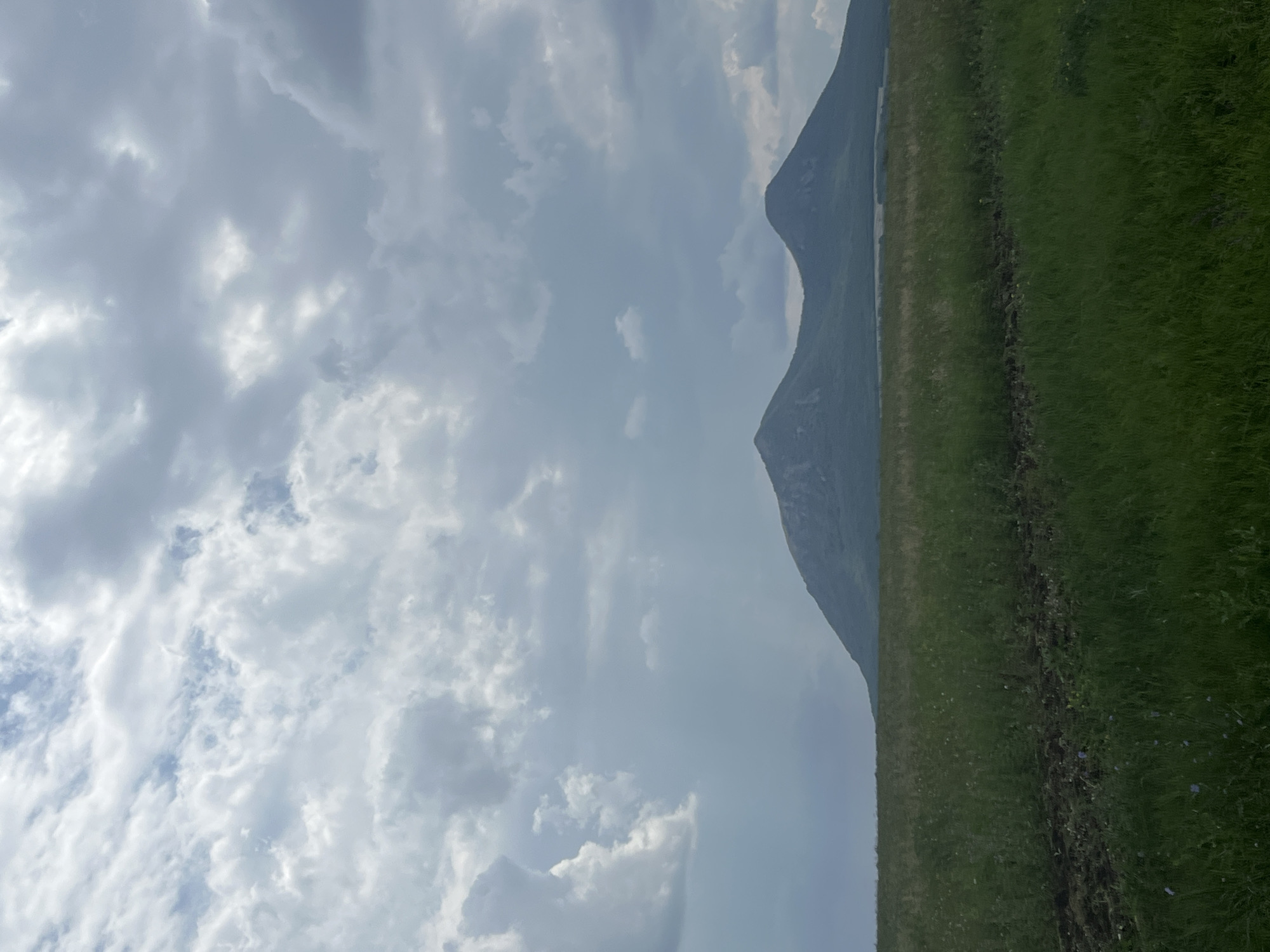 The image shows a landscape scene with two prominent, rounded mountains in the background. The sky is filled with dramatic, overcast clouds in varying shades of gray and white. In the foreground, there is a field of tall green grass with some darker soil patches visible, suggesting it might be cultivated or recently disturbed. A faint body of water is visible in the distance between the field and the mountains. The scene appears to be a natural, rural environment, potentially in or near the village of Dunaevka, Russia. There are no people or animals visible in the image.