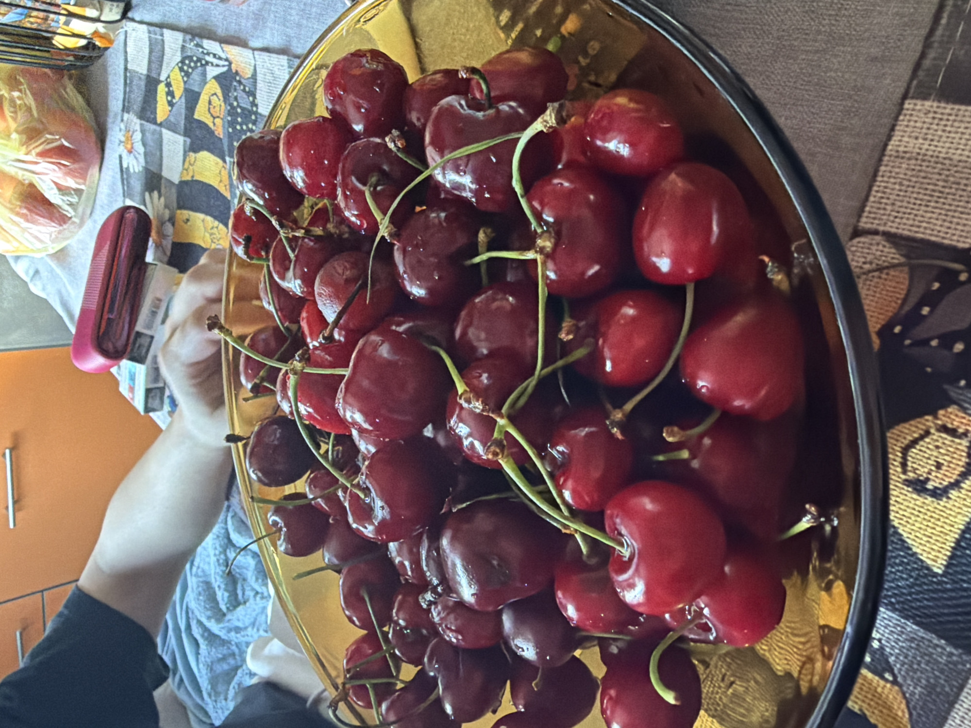 The image presents an overhead, slightly tilted view of a large, golden-colored bowl brimming with fresh, dark red cherries. Many of the cherries retain their green stems and appear wet or glossy, suggesting they have been recently washed. The bowl itself has a dark, possibly black, rim.
A person's light-skinned hand, clad in a dark sleeve, is visible on the left side, seemingly holding or adjusting the bowl. Next to the hand, a bright pink, elongated object, possibly a comb or a small case, rests on a light-colored fabric. Faint, indecipherable text is visible on a white label or paper positioned near this pink item.
The background reveals a domestic indoor setting, likely a kitchen or dining area in Sofia, Bulgaria. A patterned fabric, possibly a towel or tablecloth, featuring black and yellow stripes, white daisy motifs, and checkerboard designs, occupies a significant portion of the background. To the left, a transparent plastic bag holds several red fruits, possibly apples or peaches. Further left, an orange kitchen cabinet with a silver handle is partially visible. The lighting is bright, emphasizing the rich color and freshness of the cherries.