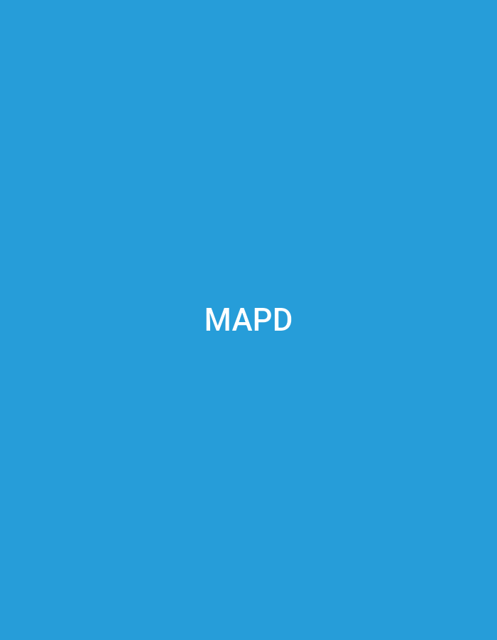 This digital image, associated with the city of Casablanca, Morocco, displays a uniform, medium-blue background. Centrally positioned on this background are the white, capitalized letters "MAPD" in a sans-serif typeface. No other subjects, objects, individuals, actions, or specific environmental details are present.