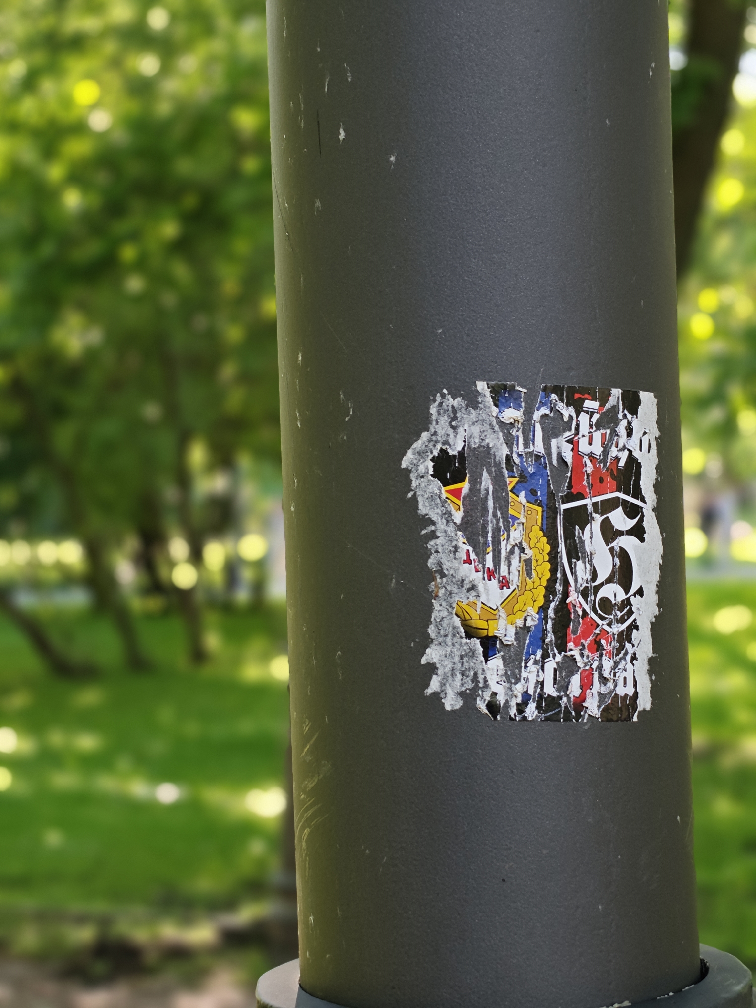 An outdoor, medium-shot, eye-level, vertical photograph shows a close-up of a dark gray metal pole, likely a lamppost, located in Saint Petersburg, Russia. A torn and weathered sticker is adhered to the pole. The sticker is multicolored with visible red, white, blue, and yellow elements, and a black background. A portion of a white "S" shape is prominent on the right side of the sticker. The background is blurred, showing green grass and trees, suggesting a park or outdoor public space. The lighting appears natural, with sunlight filtering through the trees, creating bright highlights on the foliage. No people are visible in the frame. The pole itself shows minor scuff marks and a textured surface.