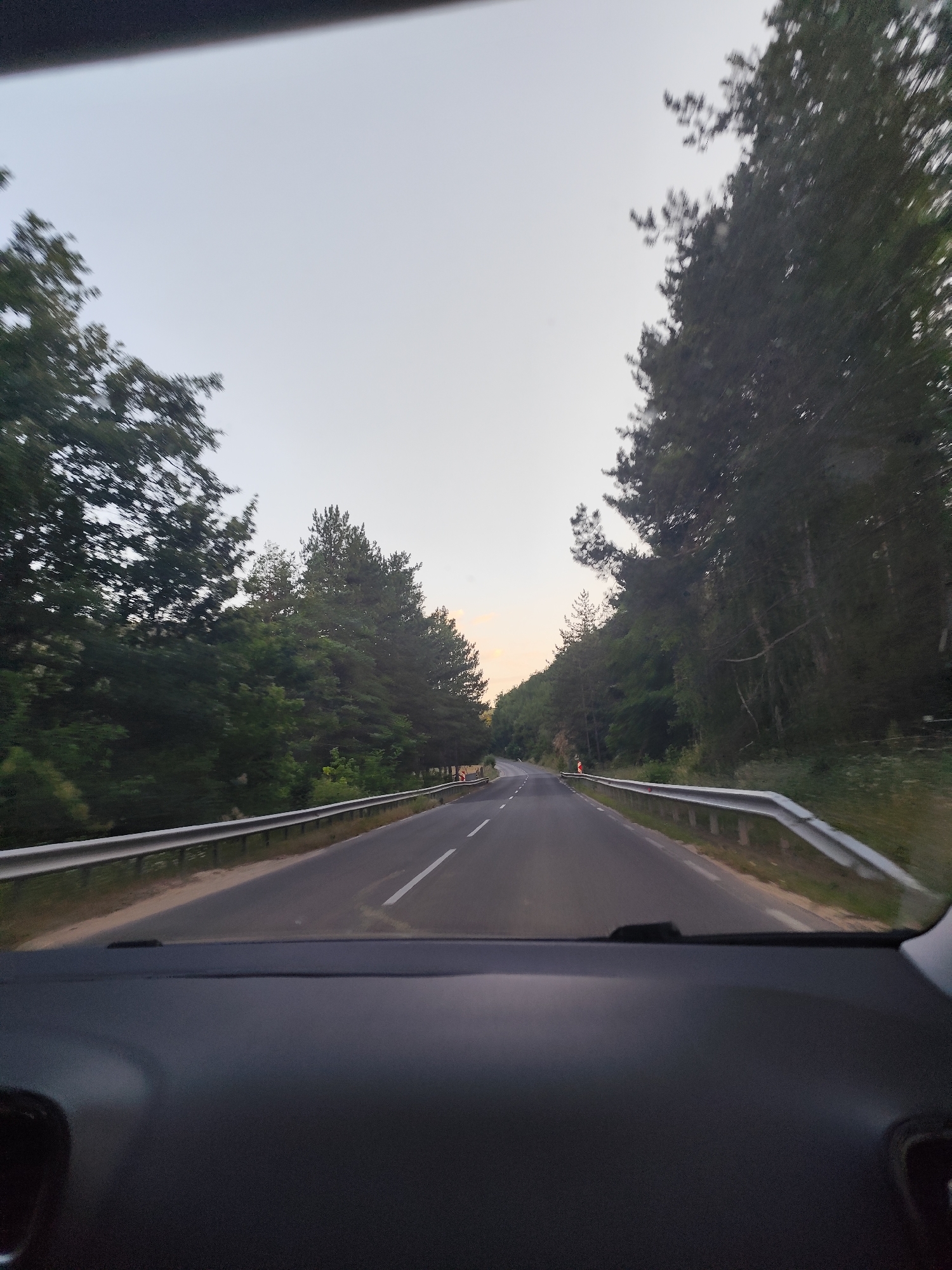 This media file shows a first-person perspective from inside a vehicle traveling on a road. The scene is a highway surrounded by dense trees, indicating a rural or forested location. The road is paved with clear white lane markings. A metal guardrail runs along the side of the road. The sky is overcast, suggesting it might be dawn or dusk, or a cloudy day. The time of day appears to be late afternoon or early evening, given the soft, diffused light. There are no people or prominent objects visible outside the vehicle, other than the trees and the road itself. The dashboard of the car is visible in the foreground, suggesting the viewer is a passenger or driver. The image captures the experience of traveling through a natural landscape. The location context is Zlatograd, Bulgaria.